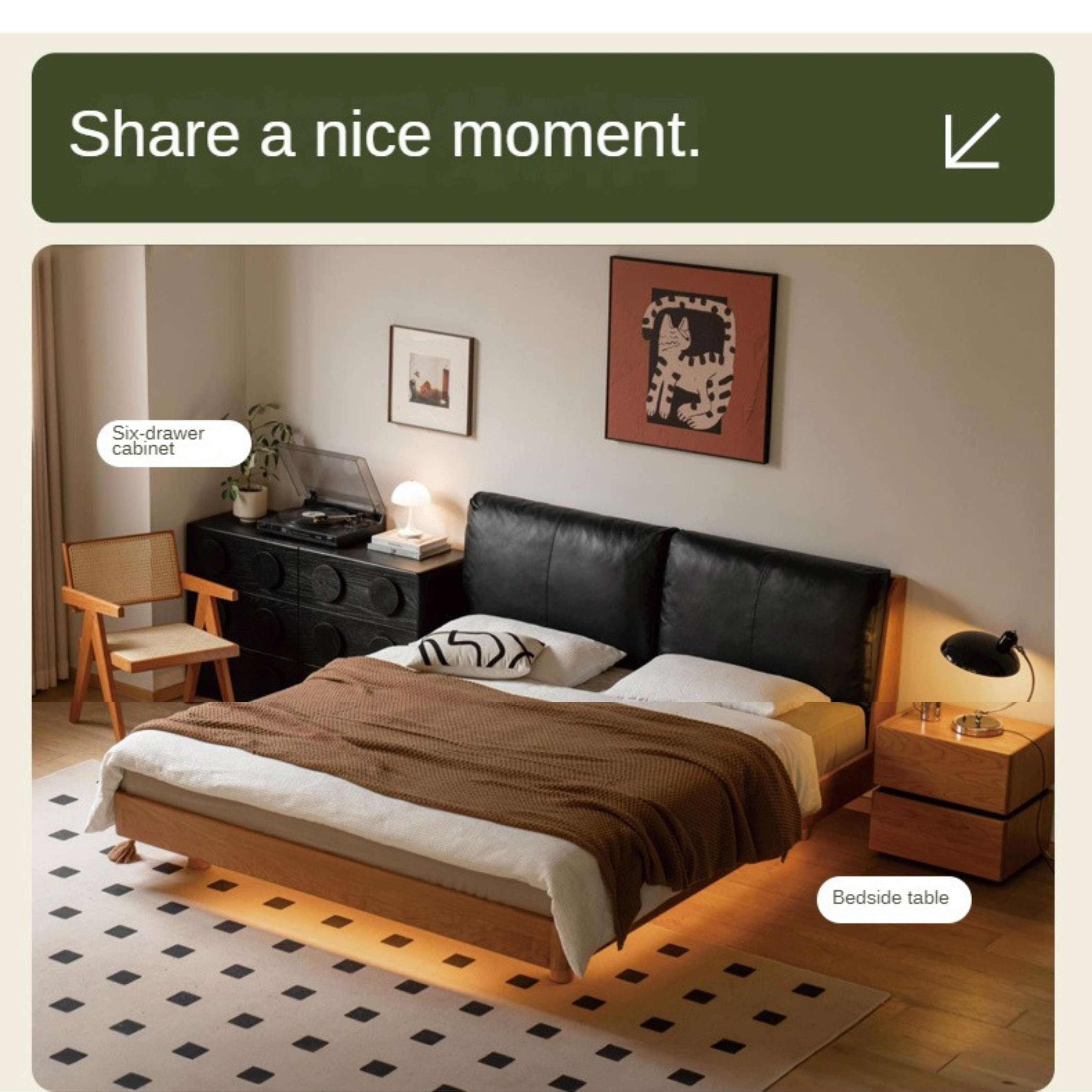 Cherry solid wood leather soft suspended bed