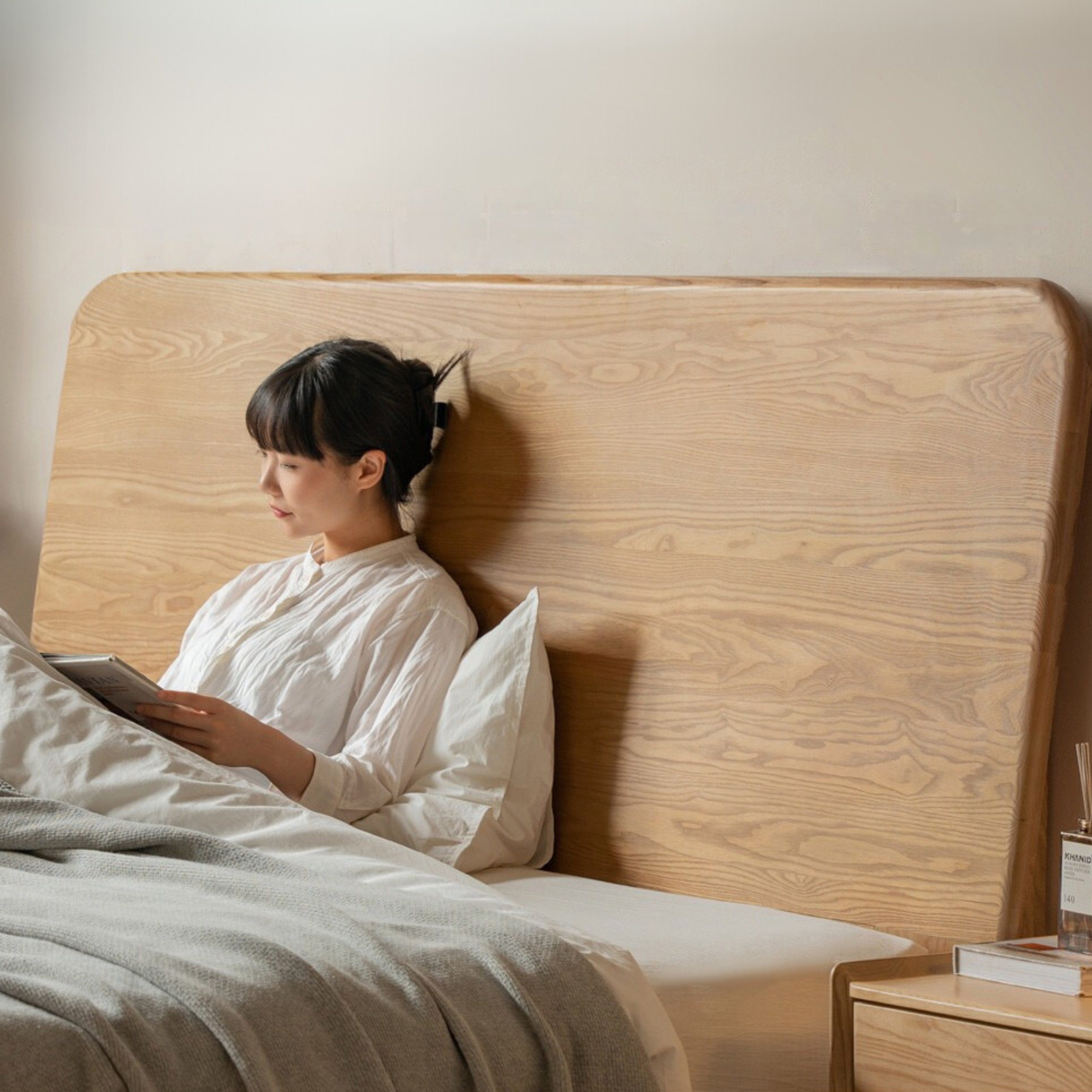 Ash Solid Wood Bed Simple High Headboard.