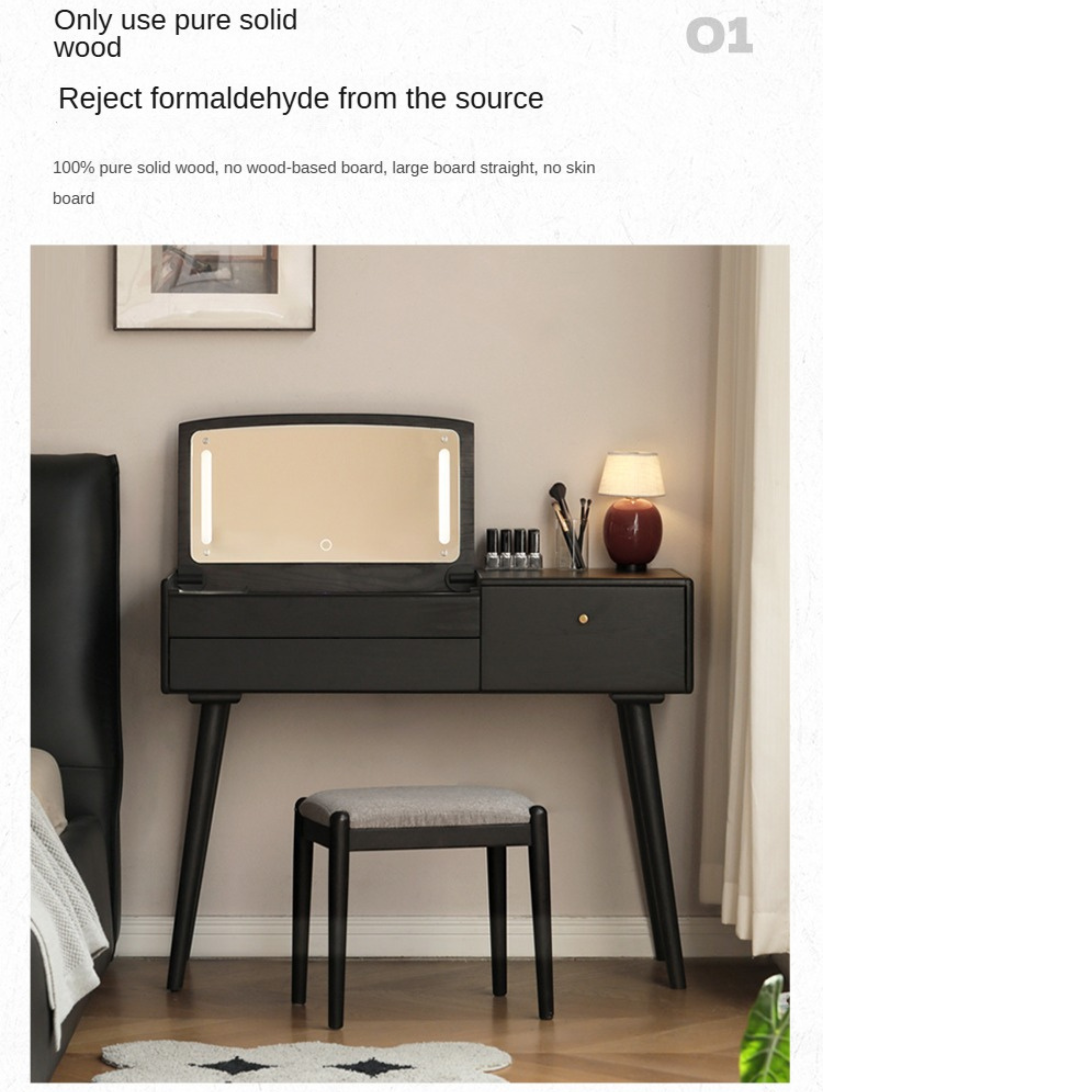 Oak Solid Wood Black Makeup Table Mirror LED Touch.