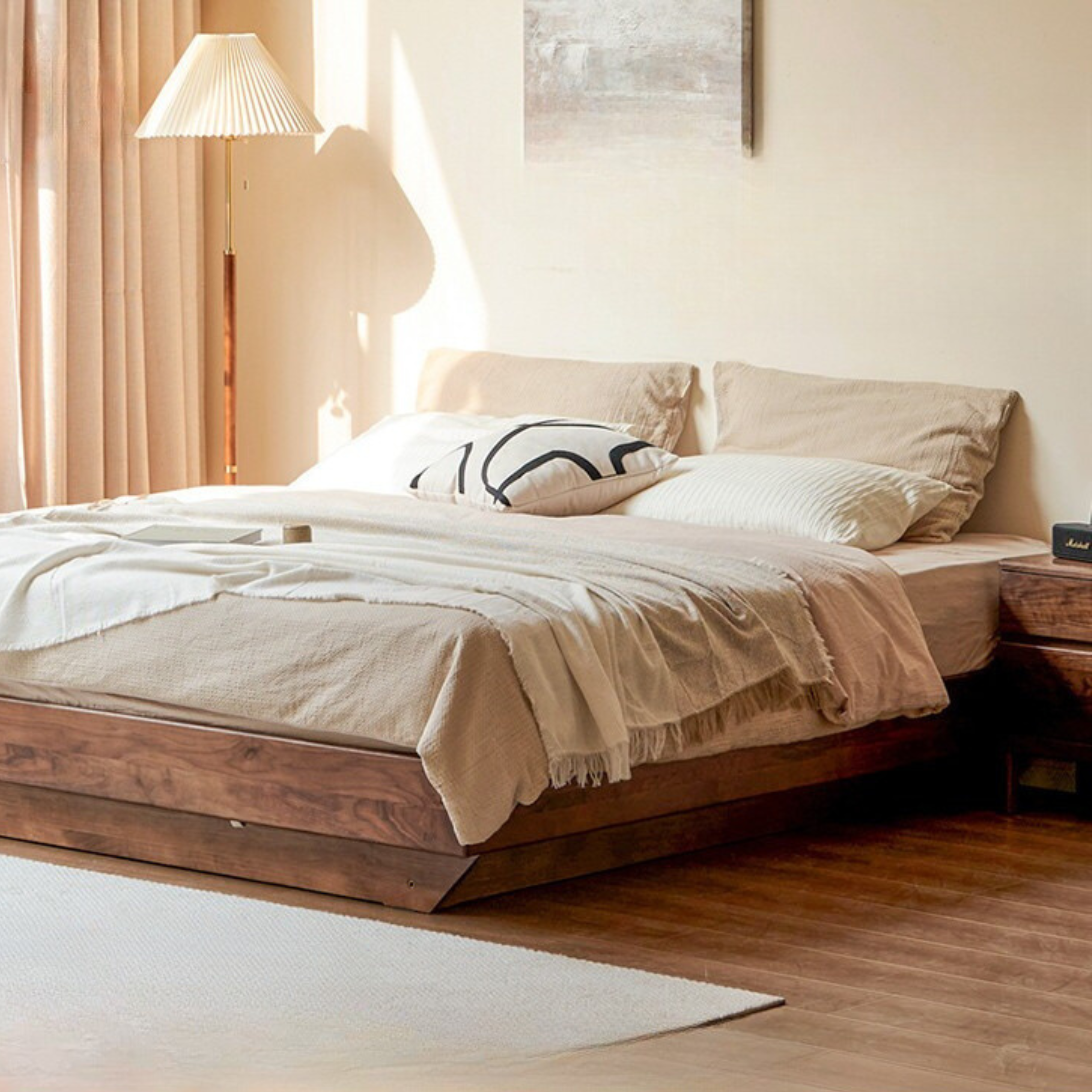 Black walnut solid wood platform bed, headboard-free box bed