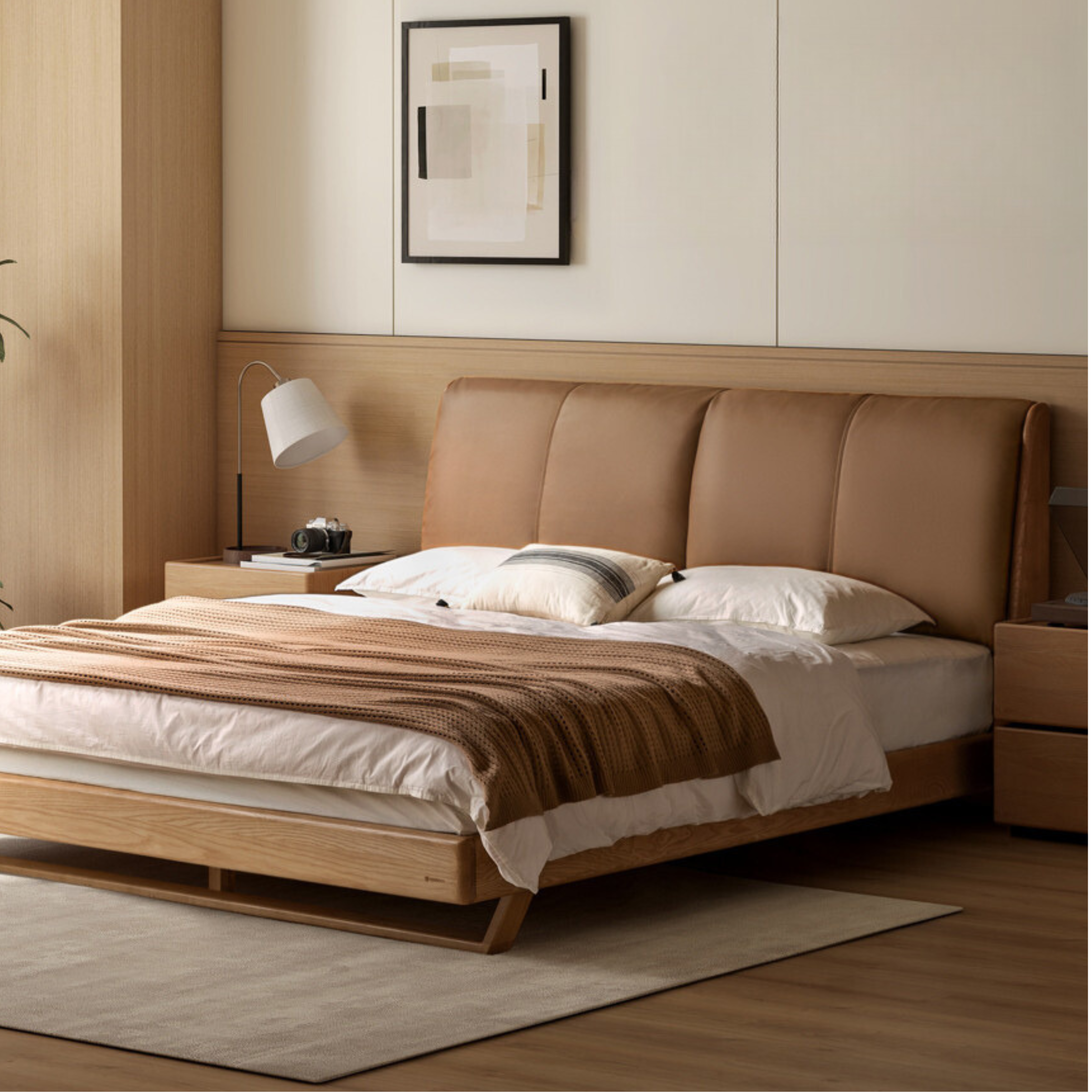 Oak, Ash Solid Wood Leather Soft Bed Italian Light Luxury.