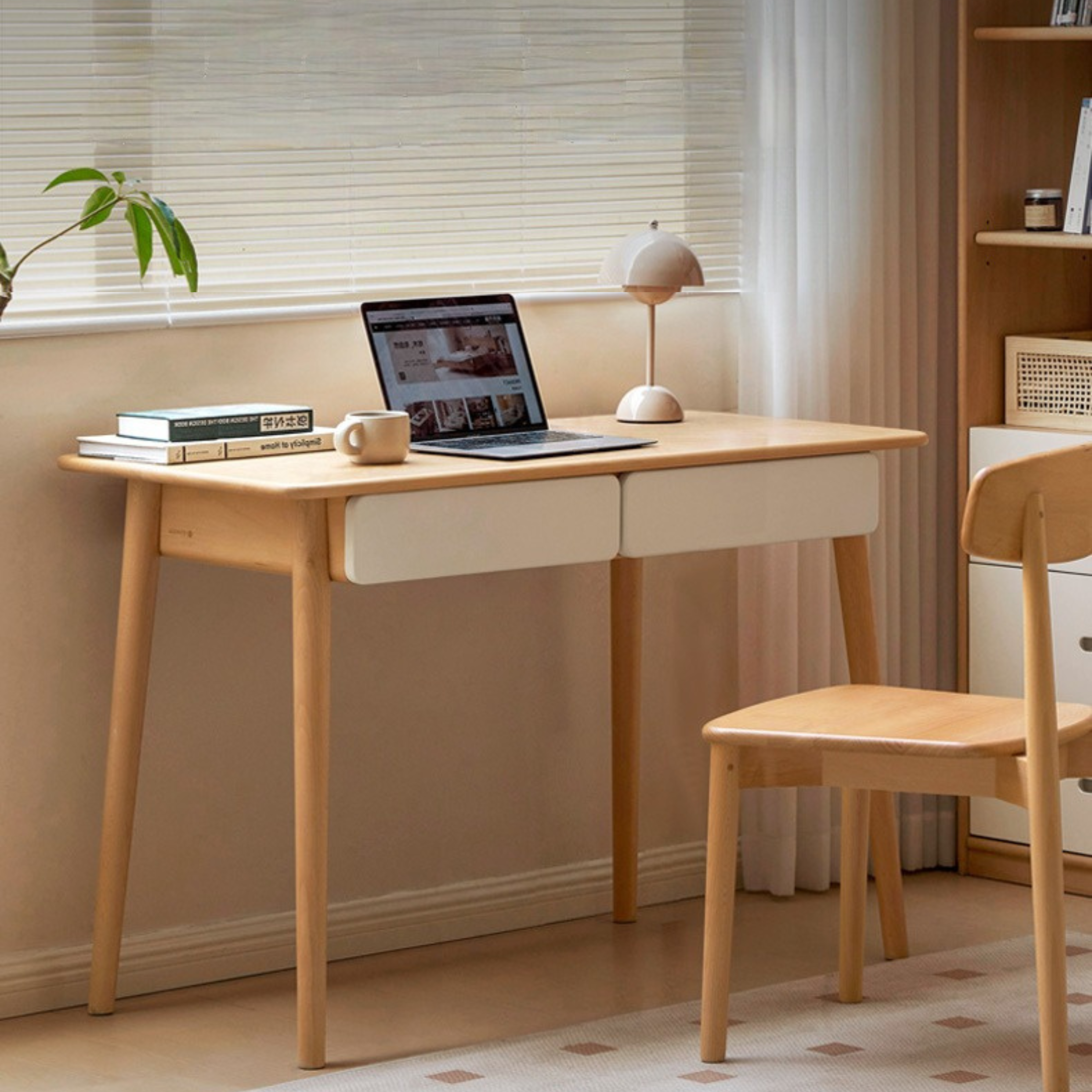 Beech Solid Wood Office Desk with 2 Drawers