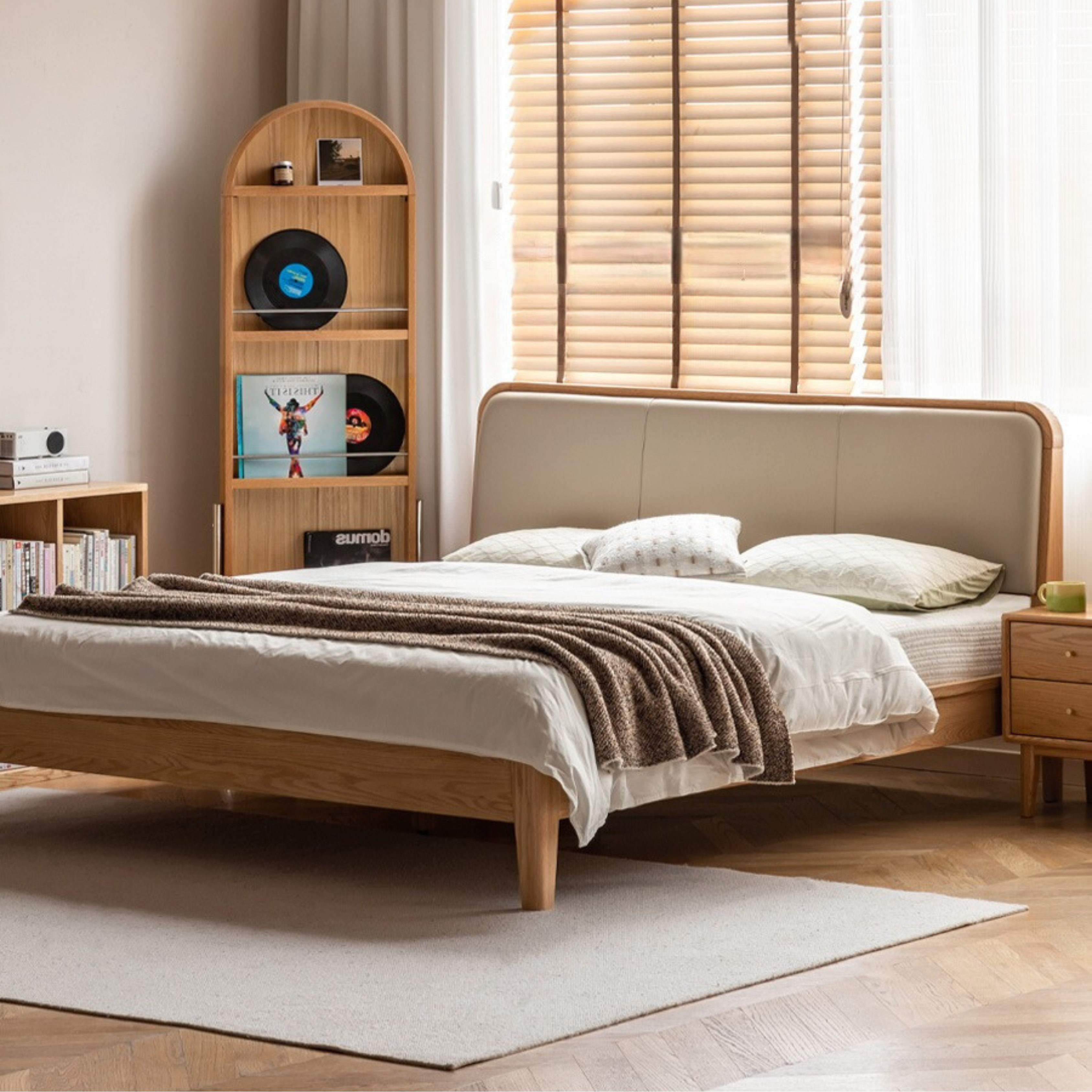 Oak Solid Wood Bed Modern Genuine Leather,Technology Cloth, Fabric