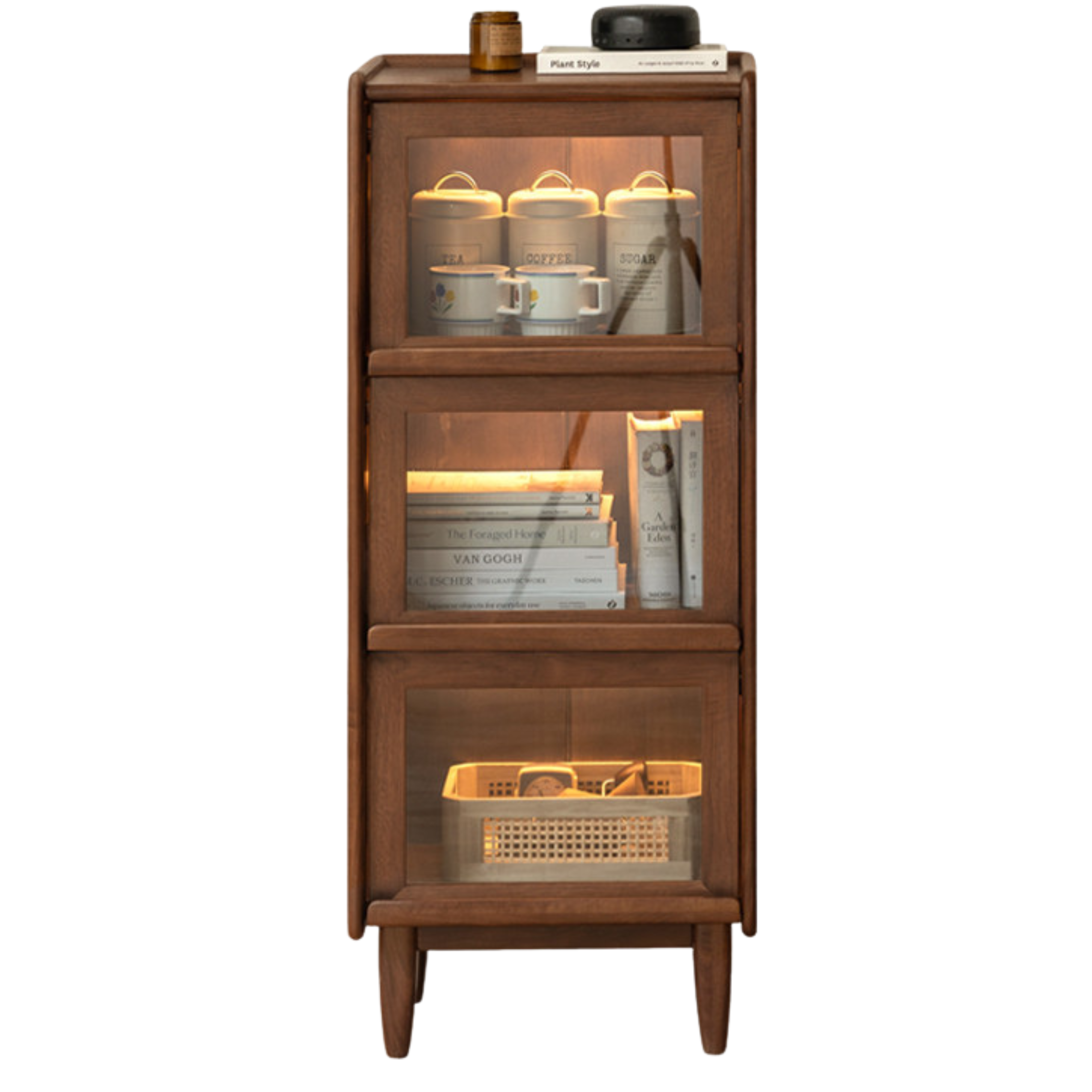 Black Walnut, Oak Solid Wood Glass Flip Door Display Side Cabinet LED Lights.