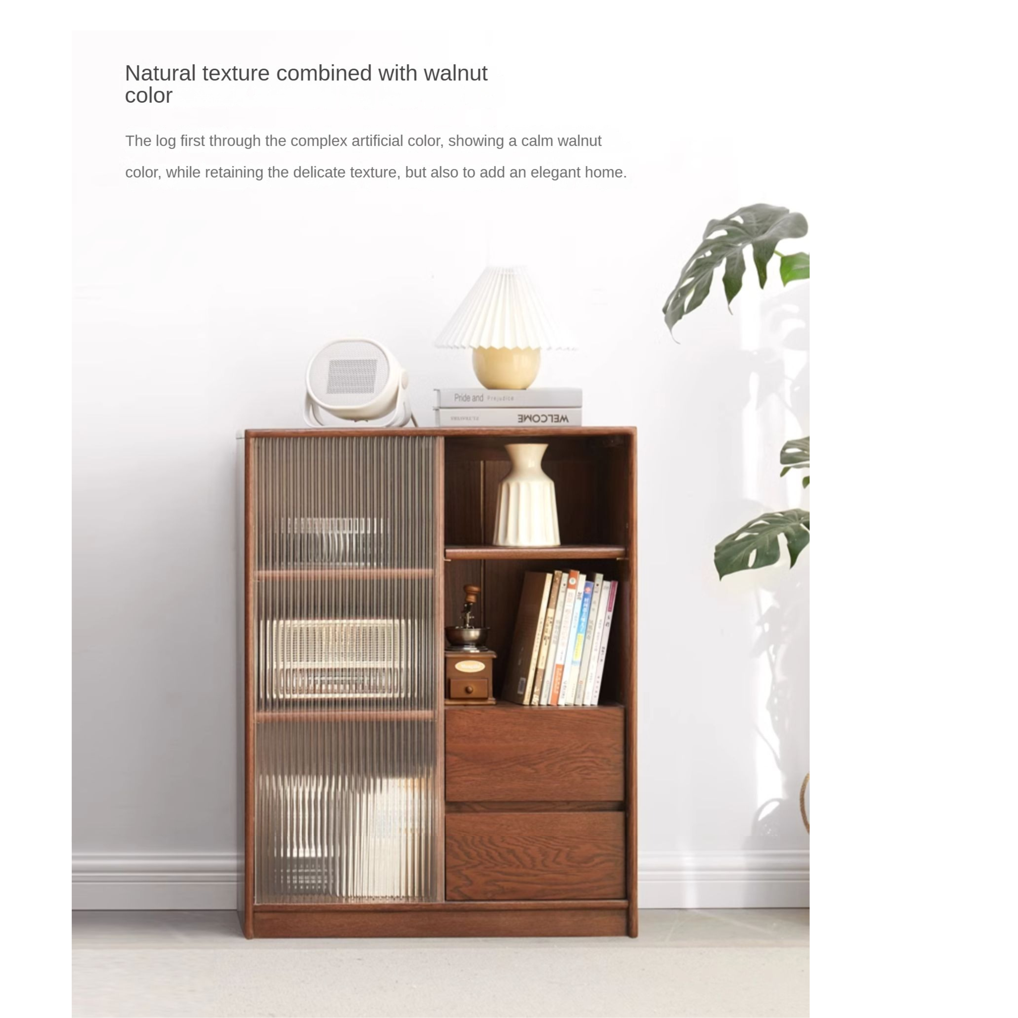 Oak Solid Wood Side Cabinet Glass Door Small Bookcase