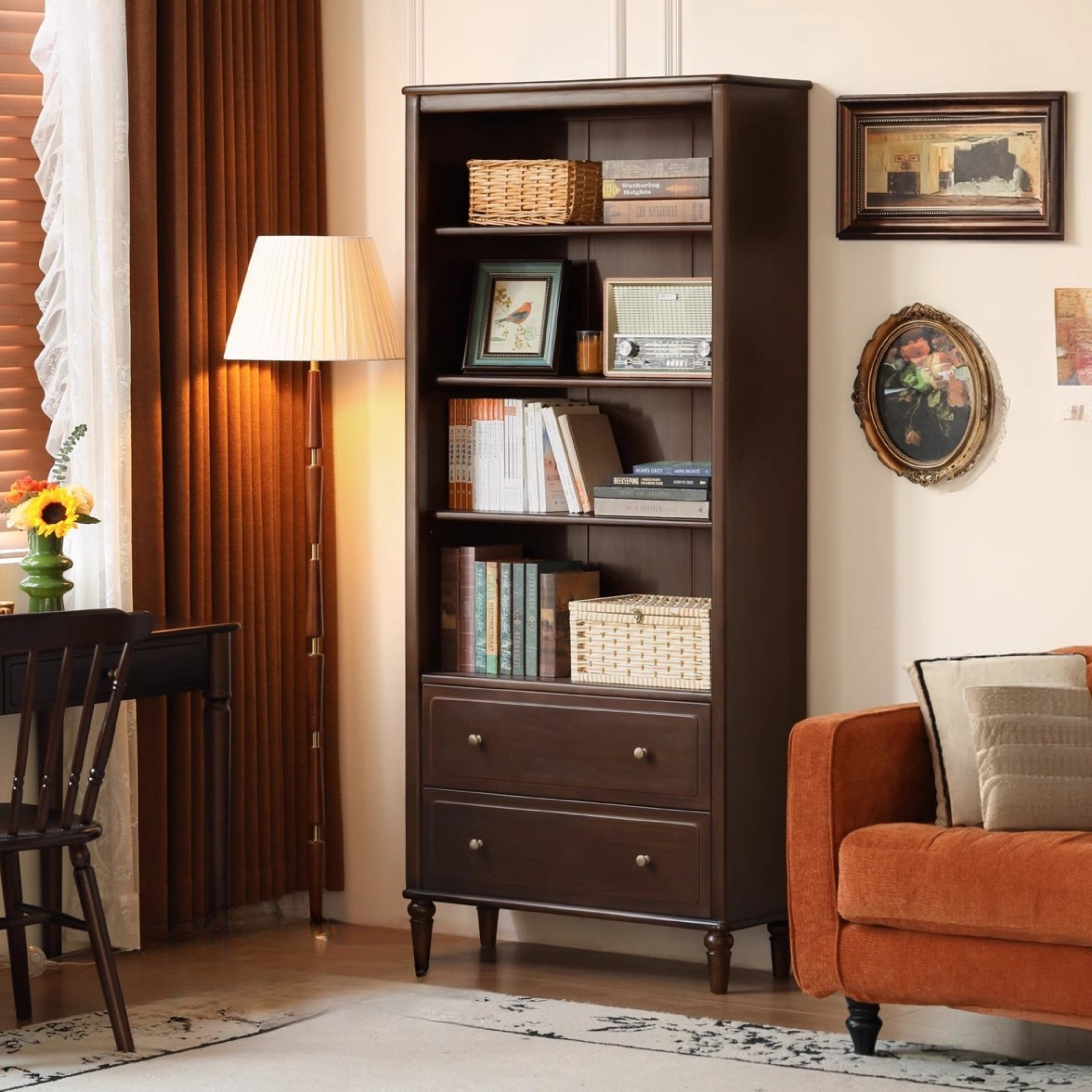 Poplar, Black Walnut Solid Wood American Retro Bookcase.