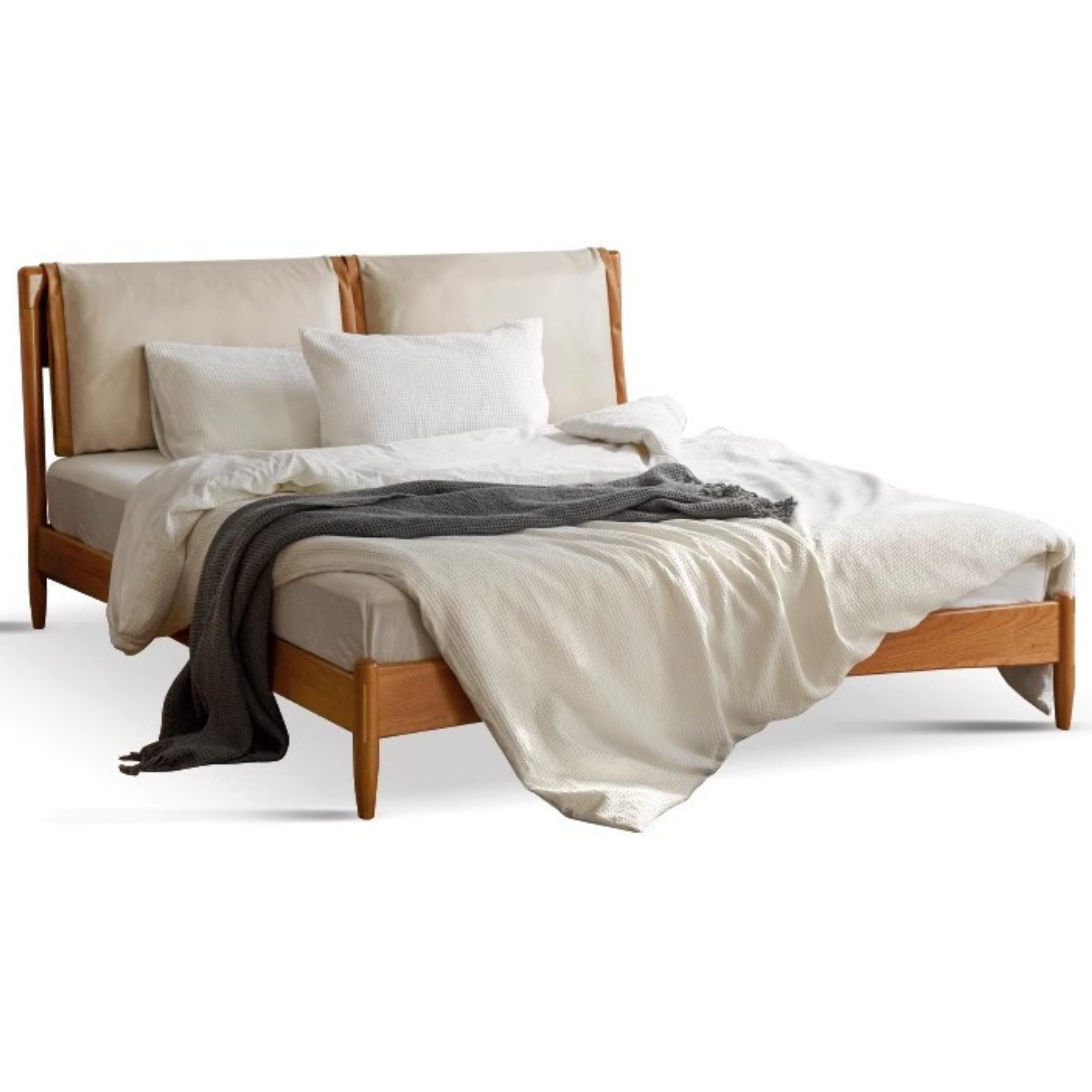 Cherry solid wood technology cloth soft back bed retro style