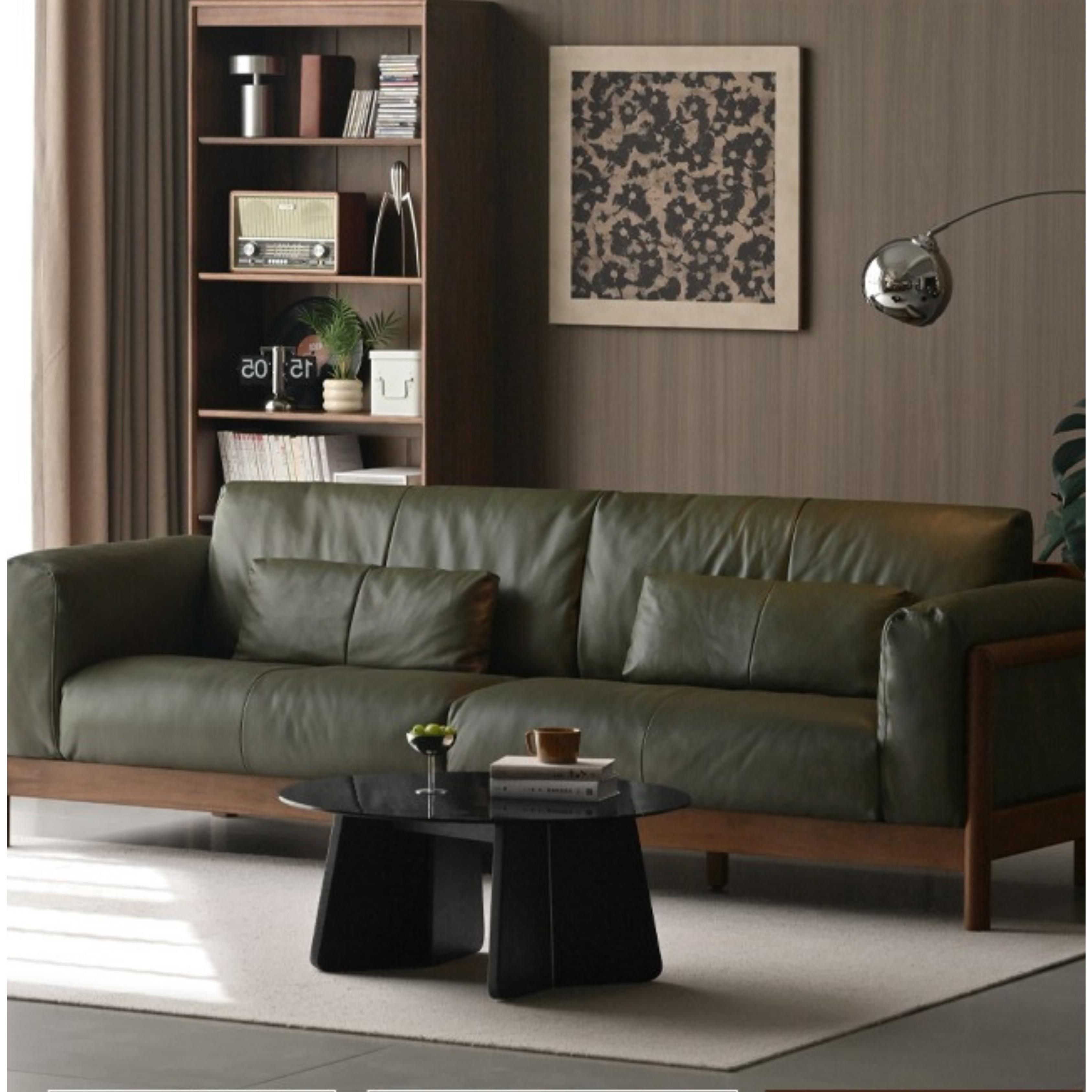 Black Walnut Solid Wood Leather Sofa Modern,