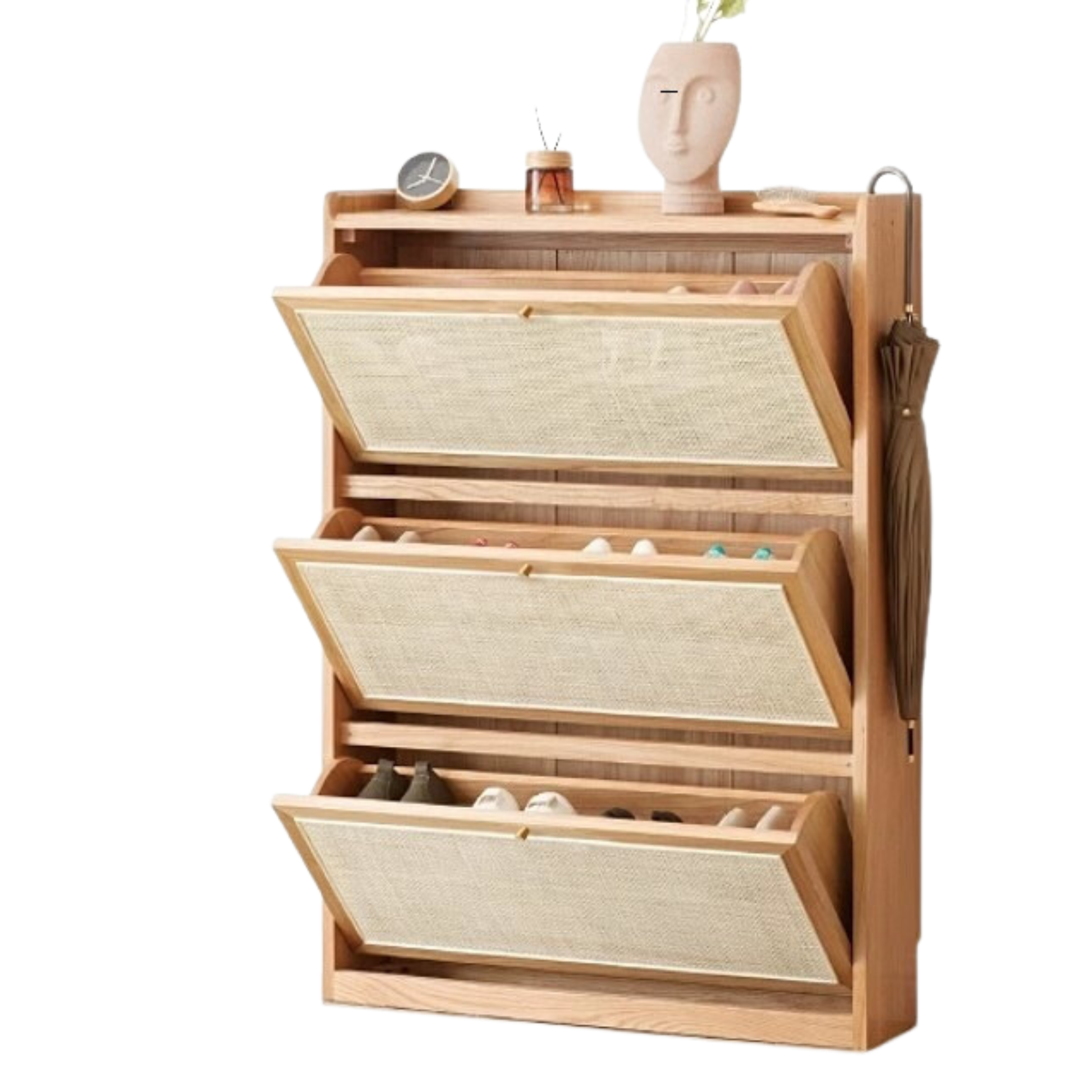 Oak Solid Wood Ultra-Thin Flap Door Rattan Shoe Cabinet