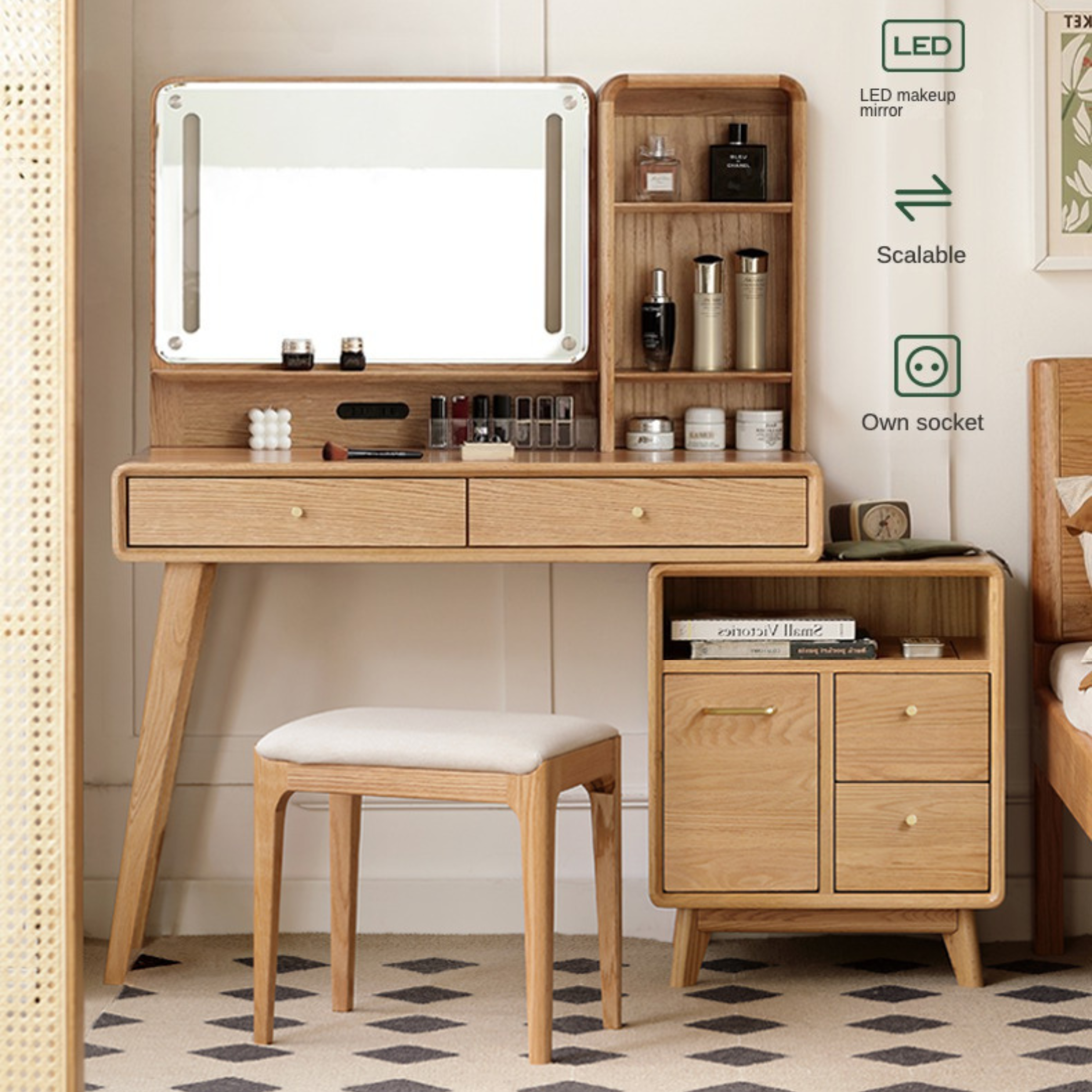 Oak, Rubberwood solid wood Dressing Table Telescopic.