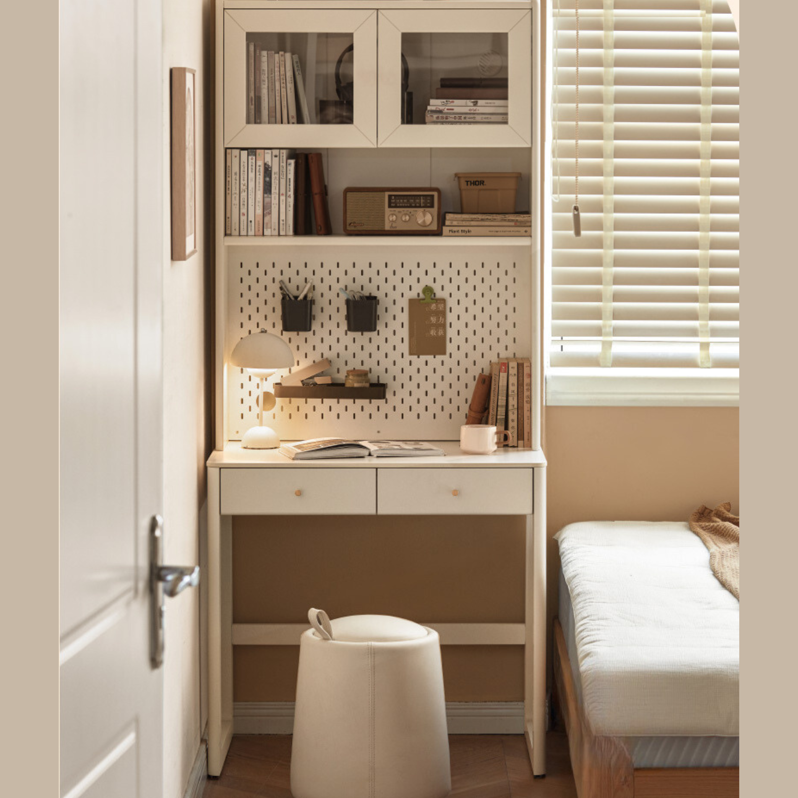 Poplar Solid Wood Rock Board Desk Bookshelf Integrated White Cream