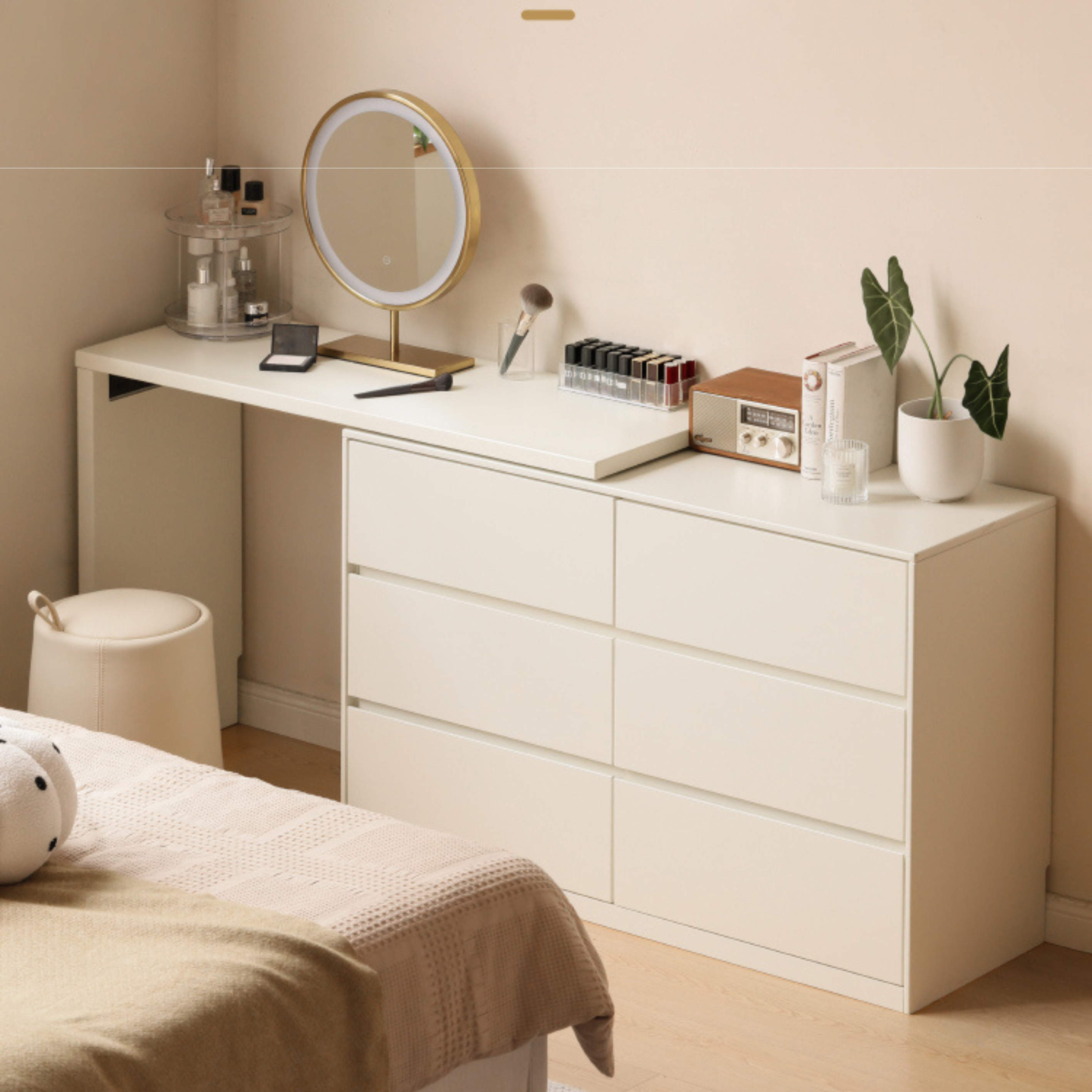 Poplar Solid Wood Cream Style Telescopic Dressing Table.