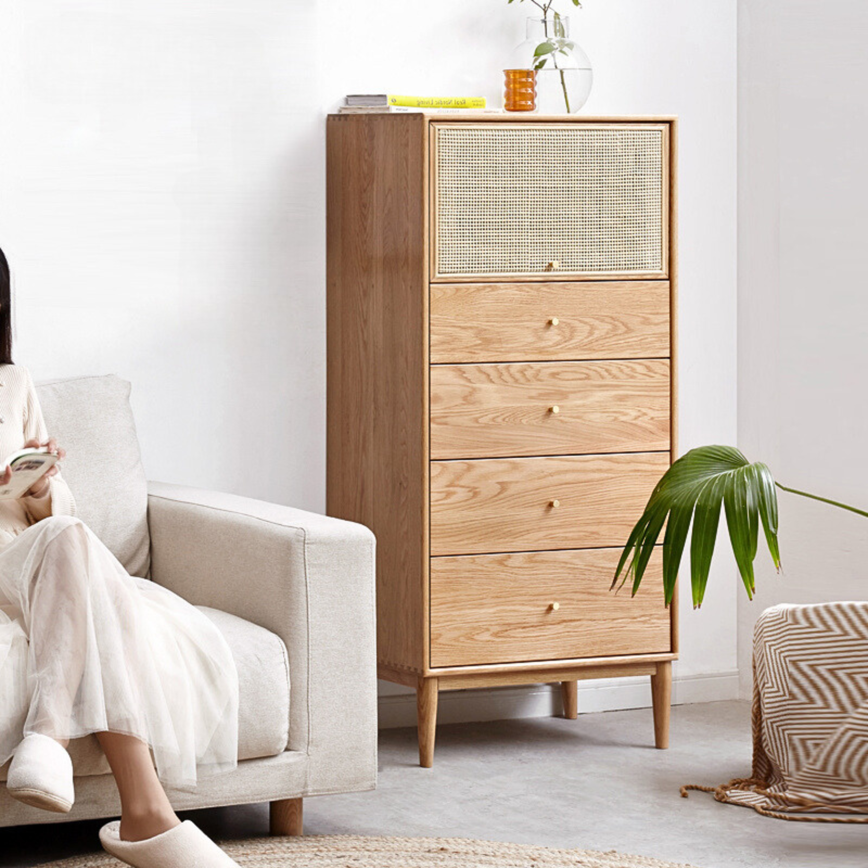 Oak Solid Wood Chest of Drawers Flip Glass Door