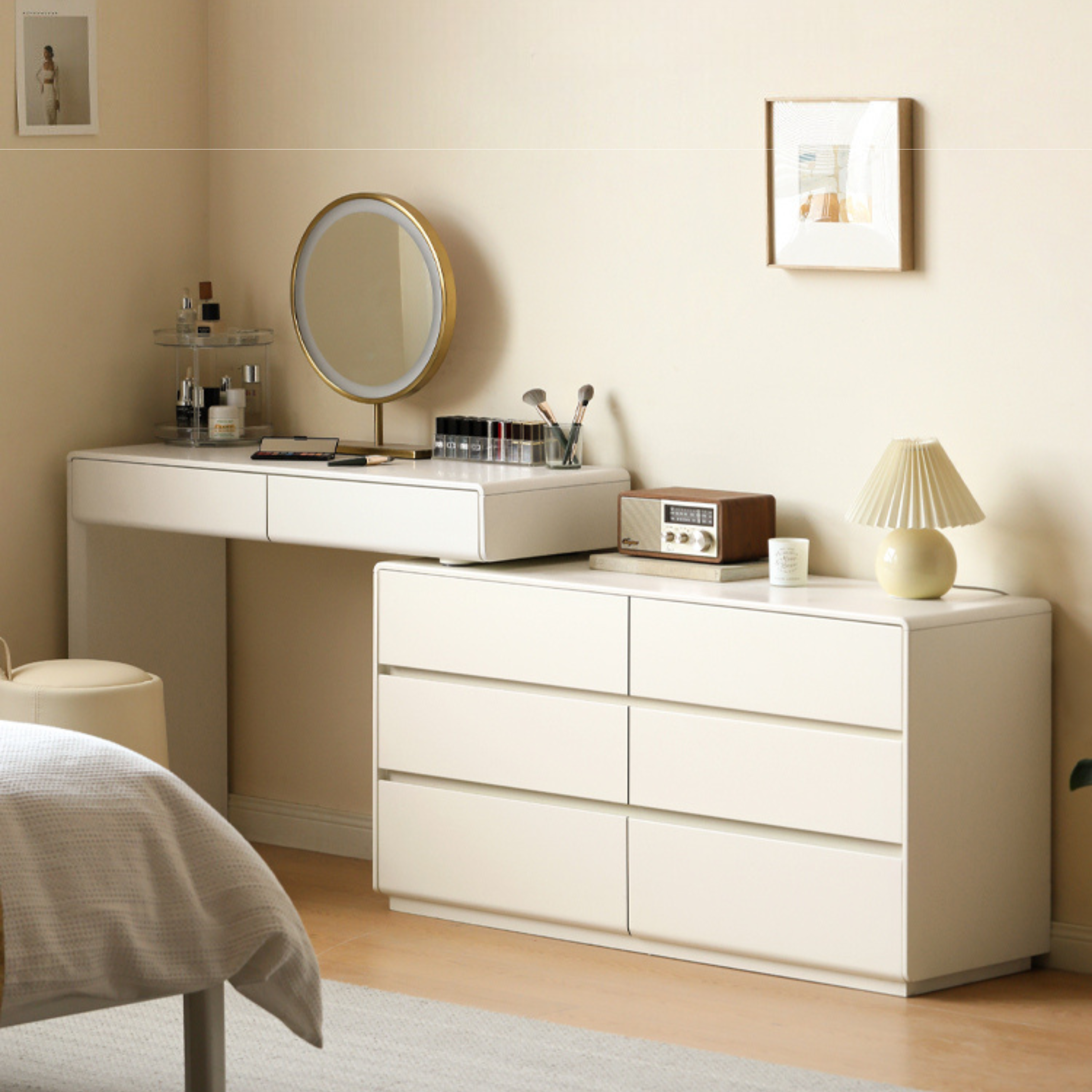 Poplar Solid Wood, Solid Rubberwood L-Shape Dressing Table
