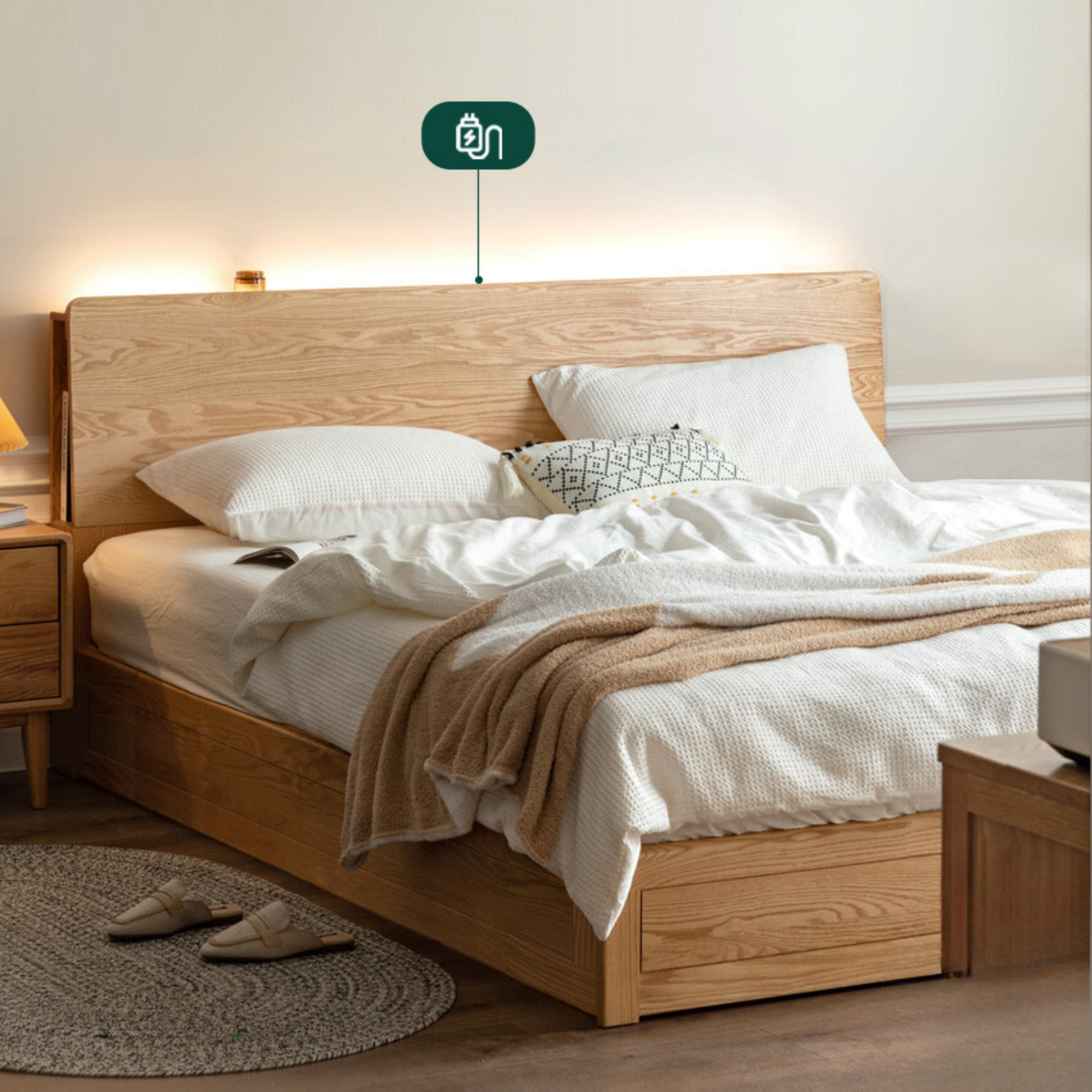 Oak Solid Wood Box Bed with Light And Bookshelf