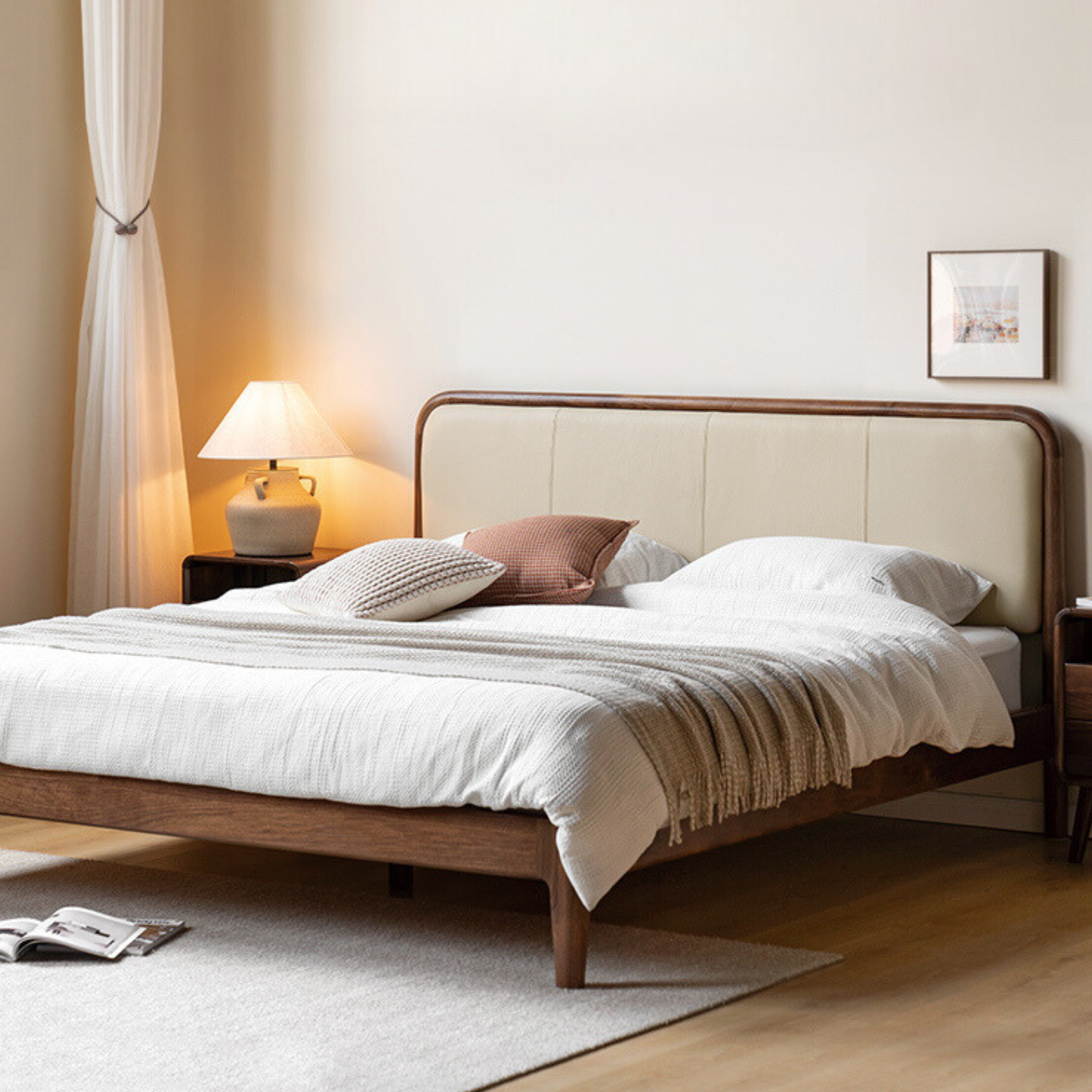 Black Walnut,Cherry Wood Cowhide Leather,Technical Cloth Bed