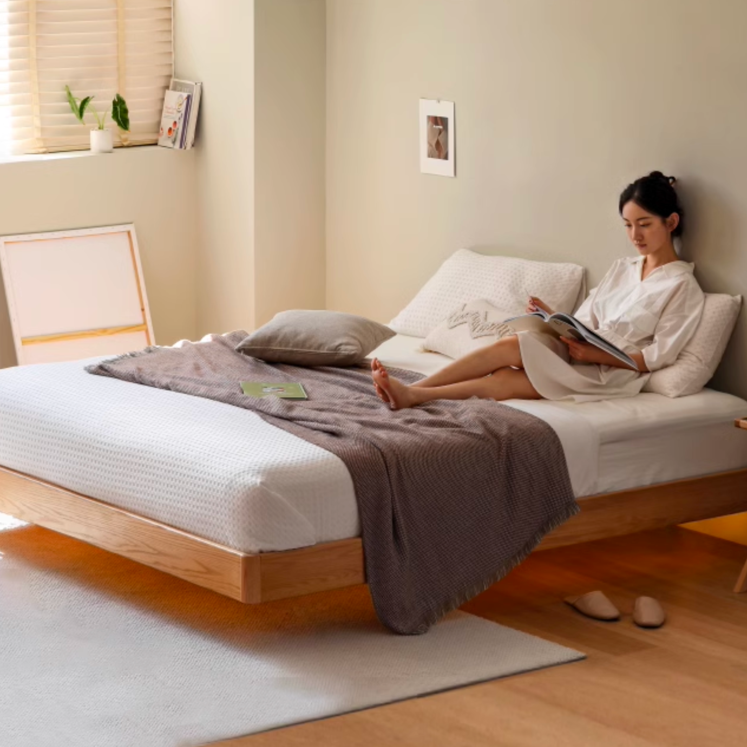 Oak solid wood Suspended platform bed, headboard-free bed with light