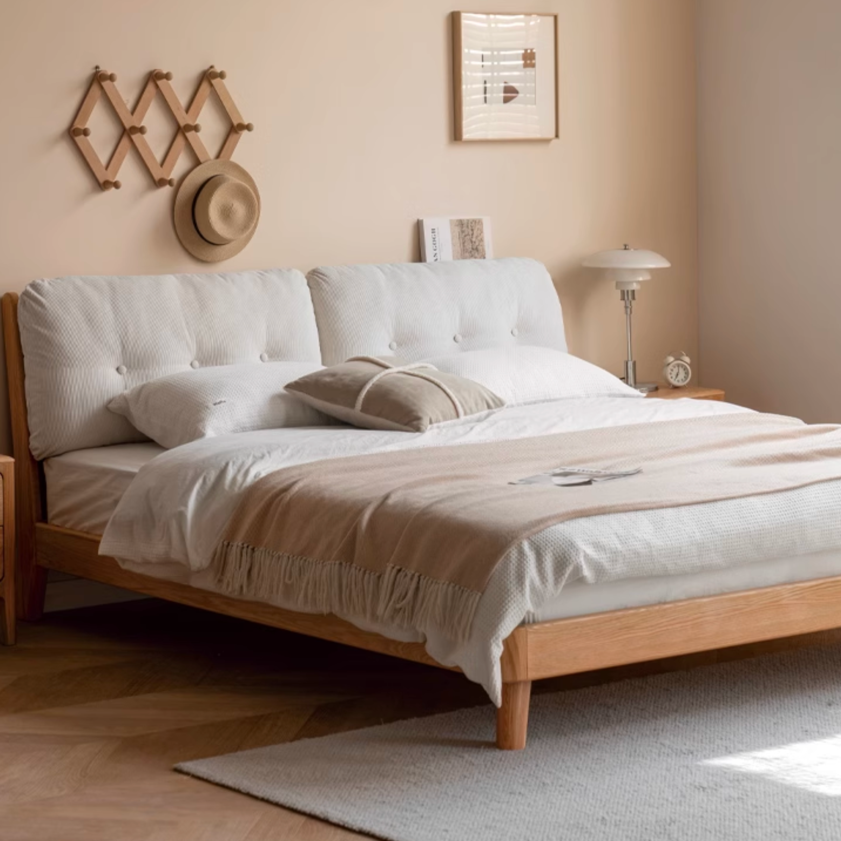 Oak Solid Wood Cream Style Soft Bed
