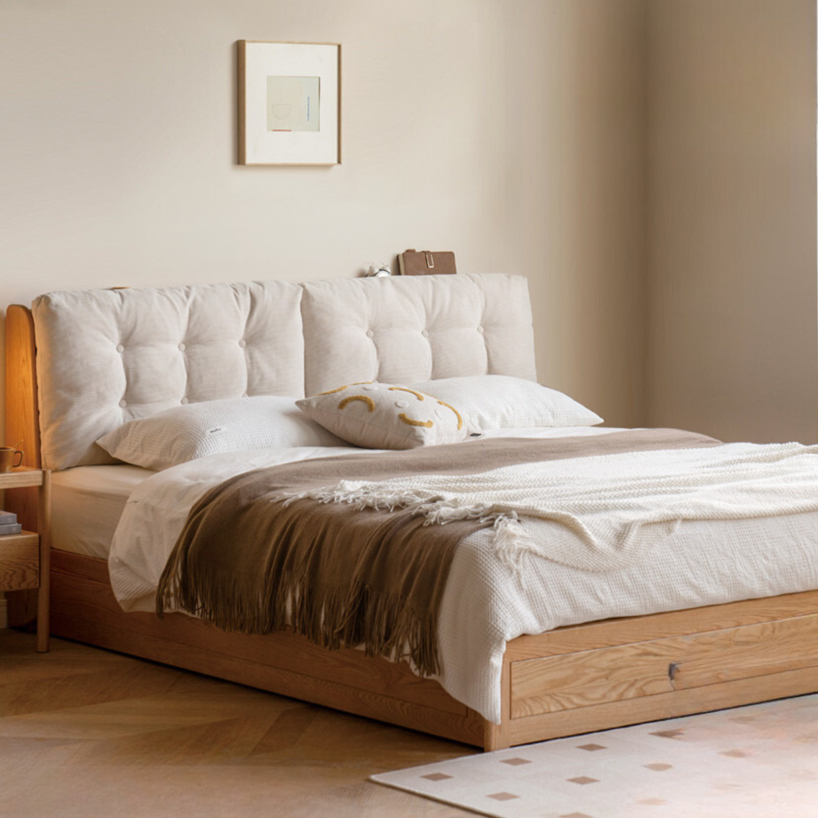 Oak Solid Wood Fabric Box Bed Cream Style