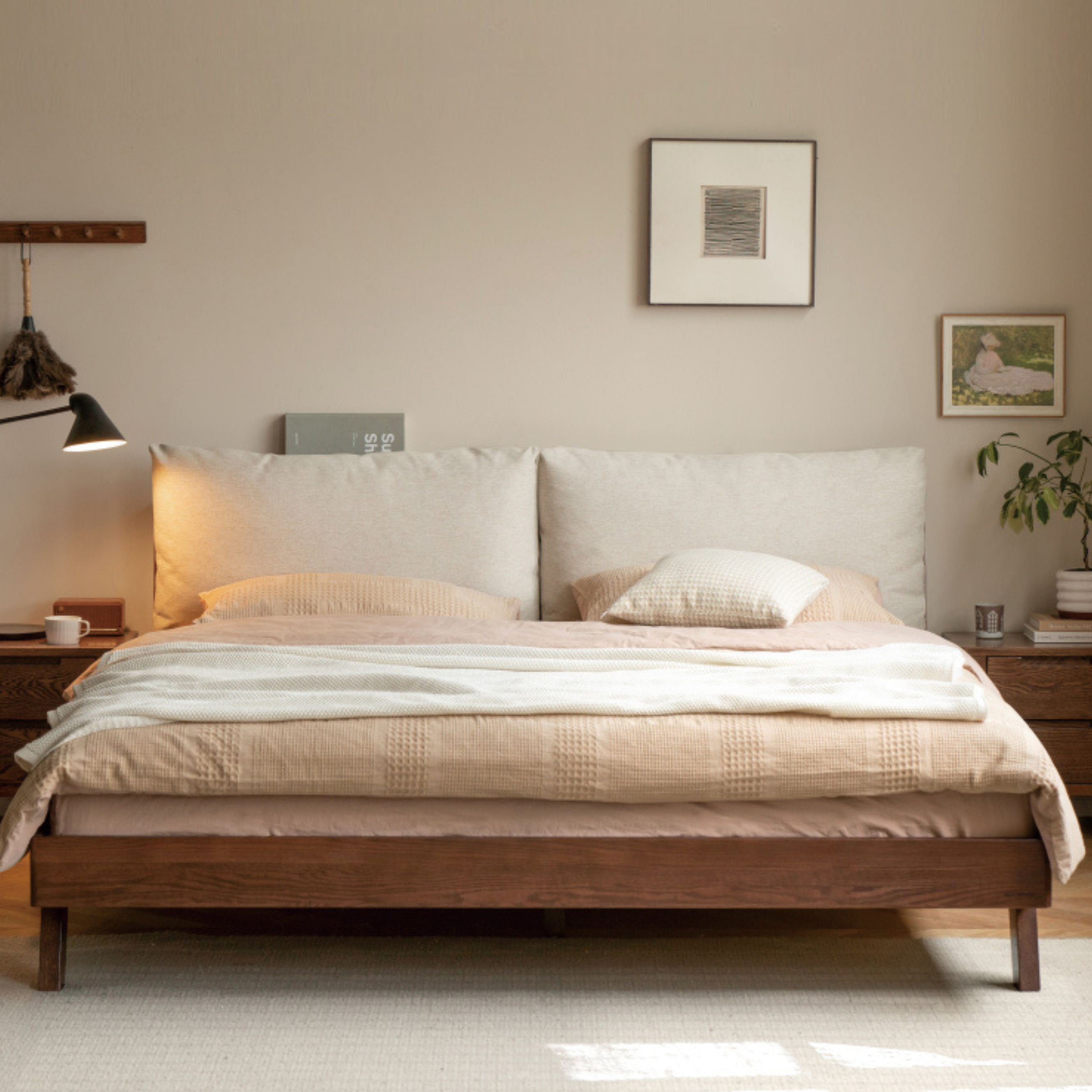 Oak Solid Wood with Fabric Upholstery Bed