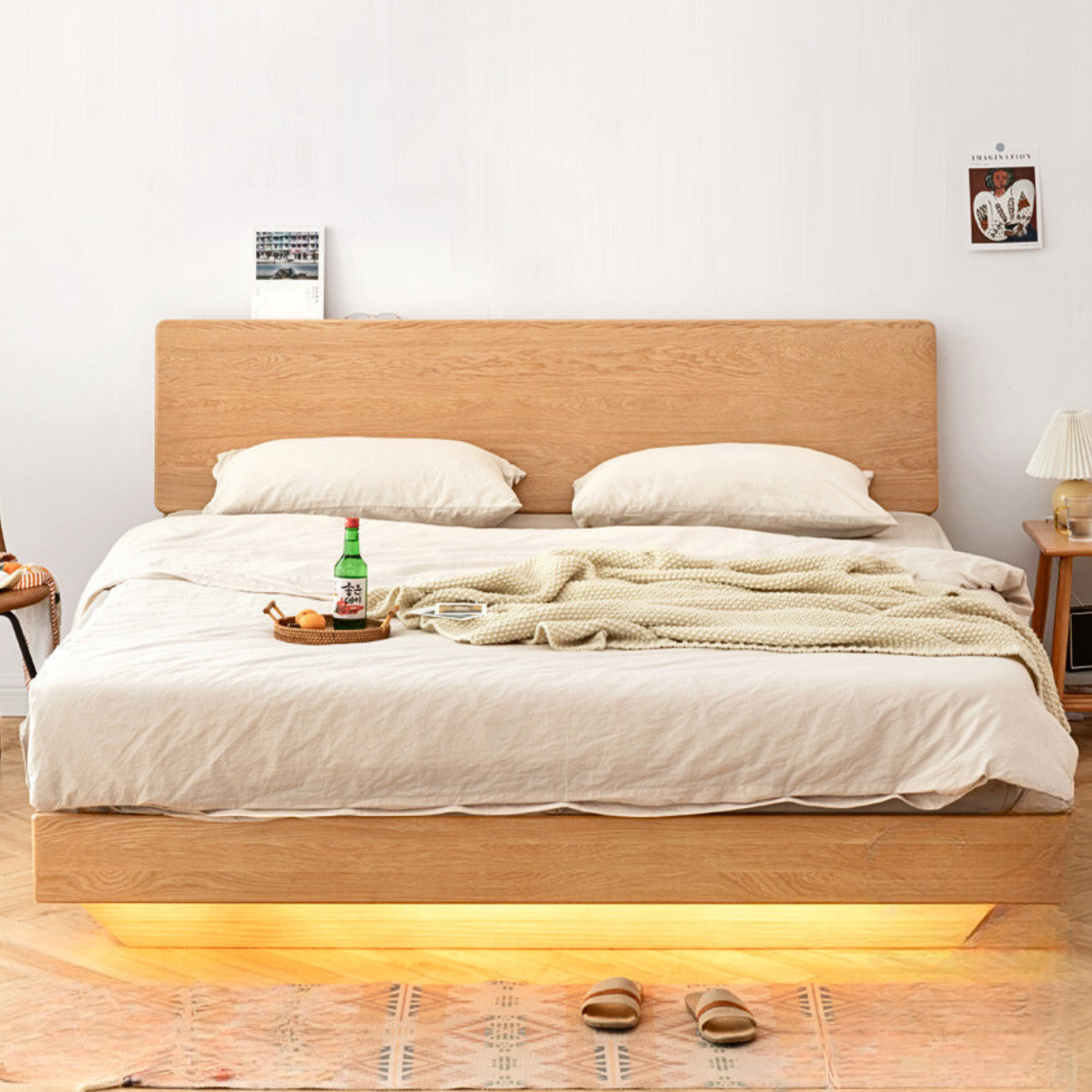 Oak,Black Walnut Solid Wood Suspended Luminous Box Bed