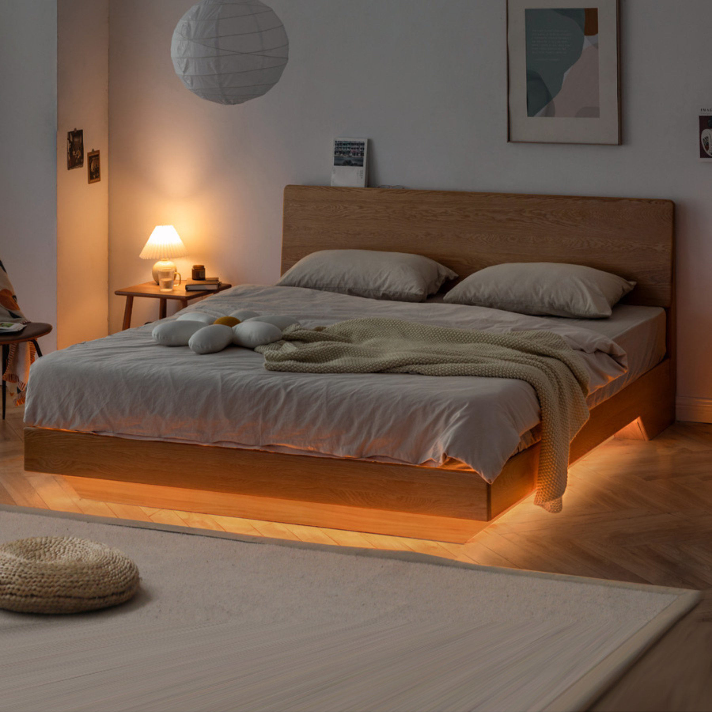 Oak,Black Walnut Solid Wood Suspended Luminous Box Bed