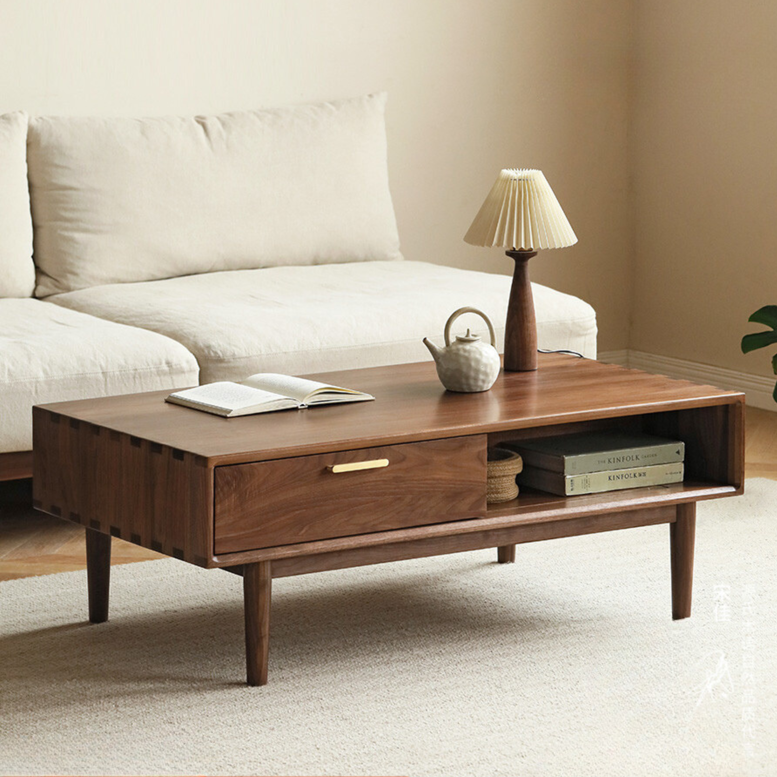 Black Walnut Solid Wood Storage Rock Plate Coffee Table