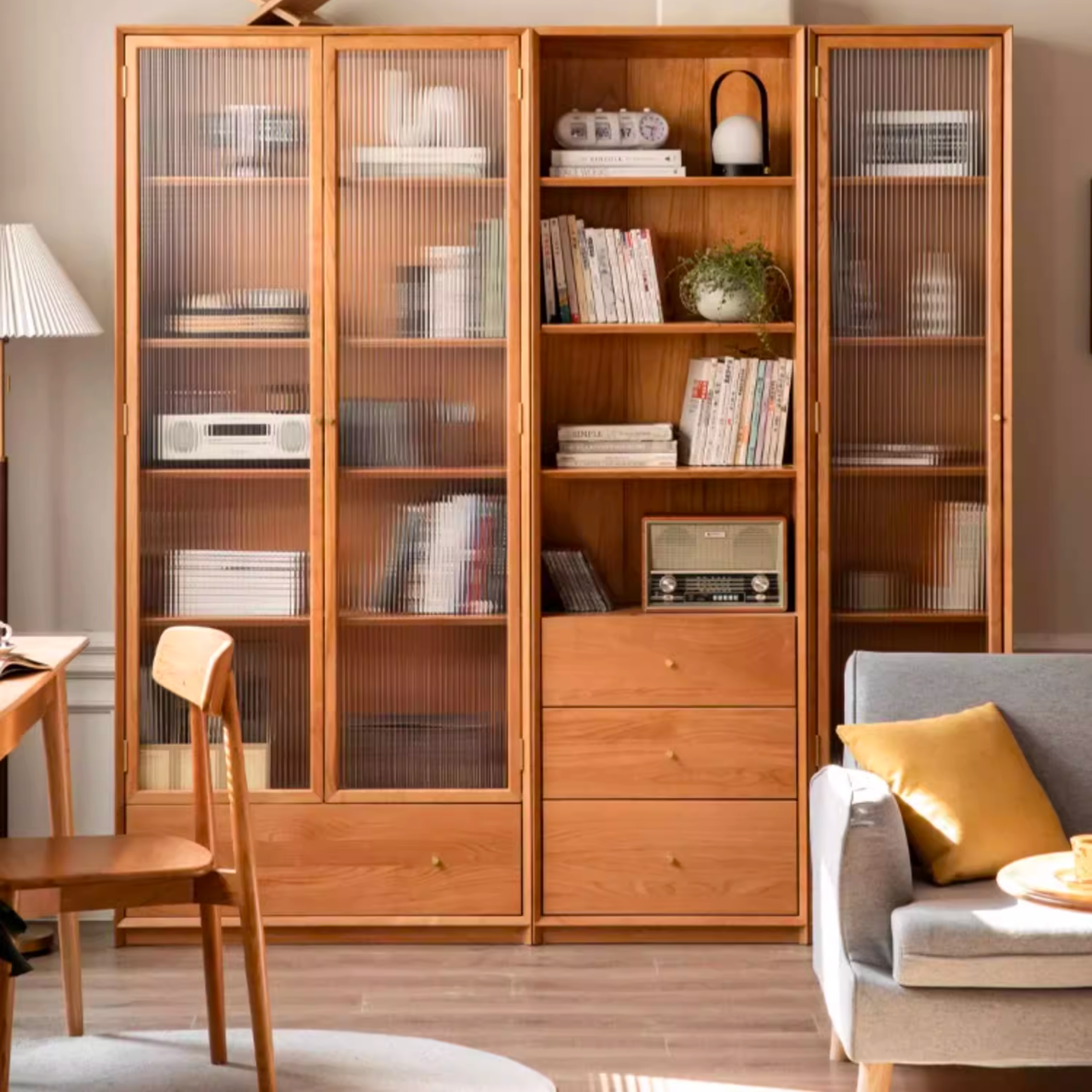 Cherry Wood Combination Bookcase Floor Shelf Glass Door Bookcase