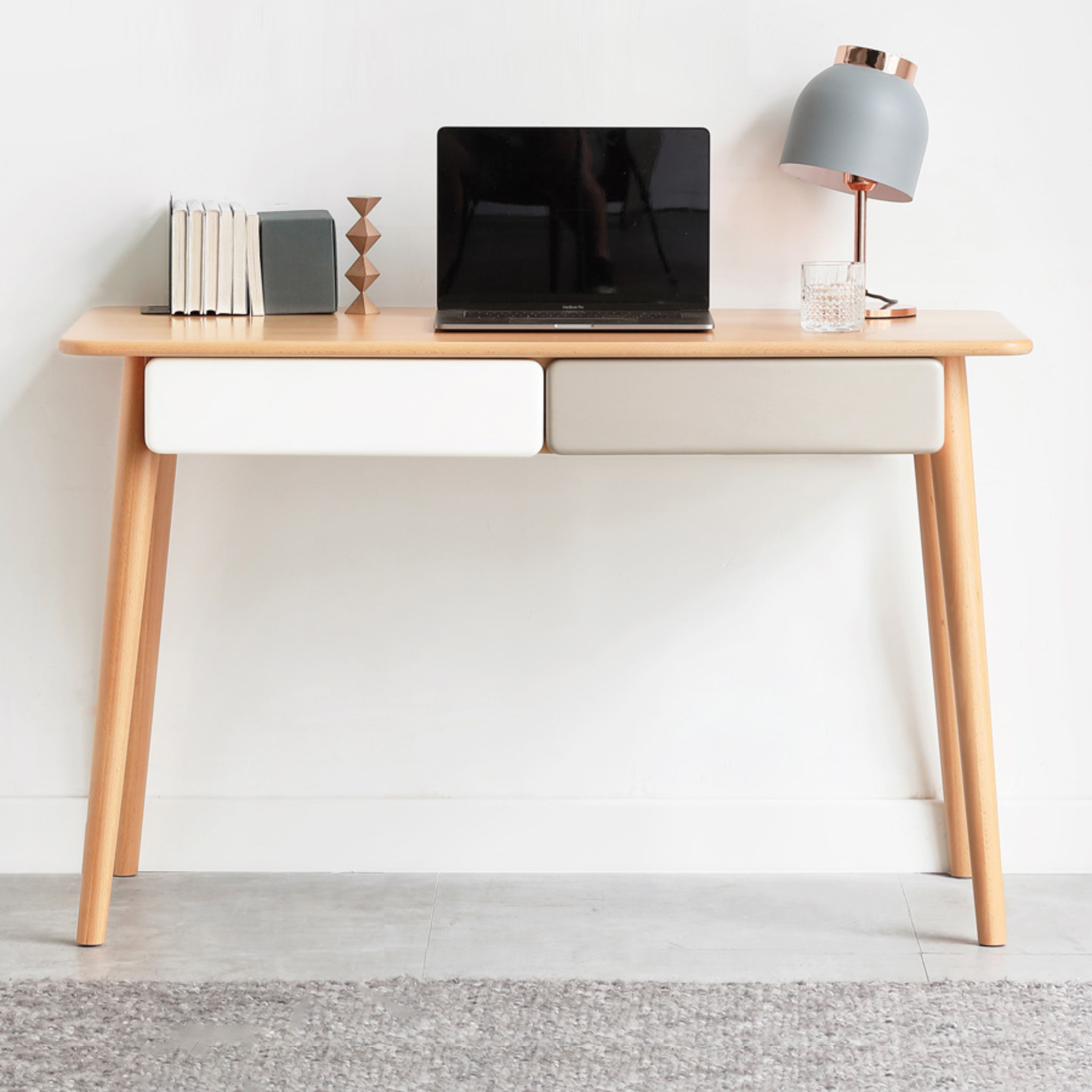 Beech Solid Wood Office Desk with 2 Drawers