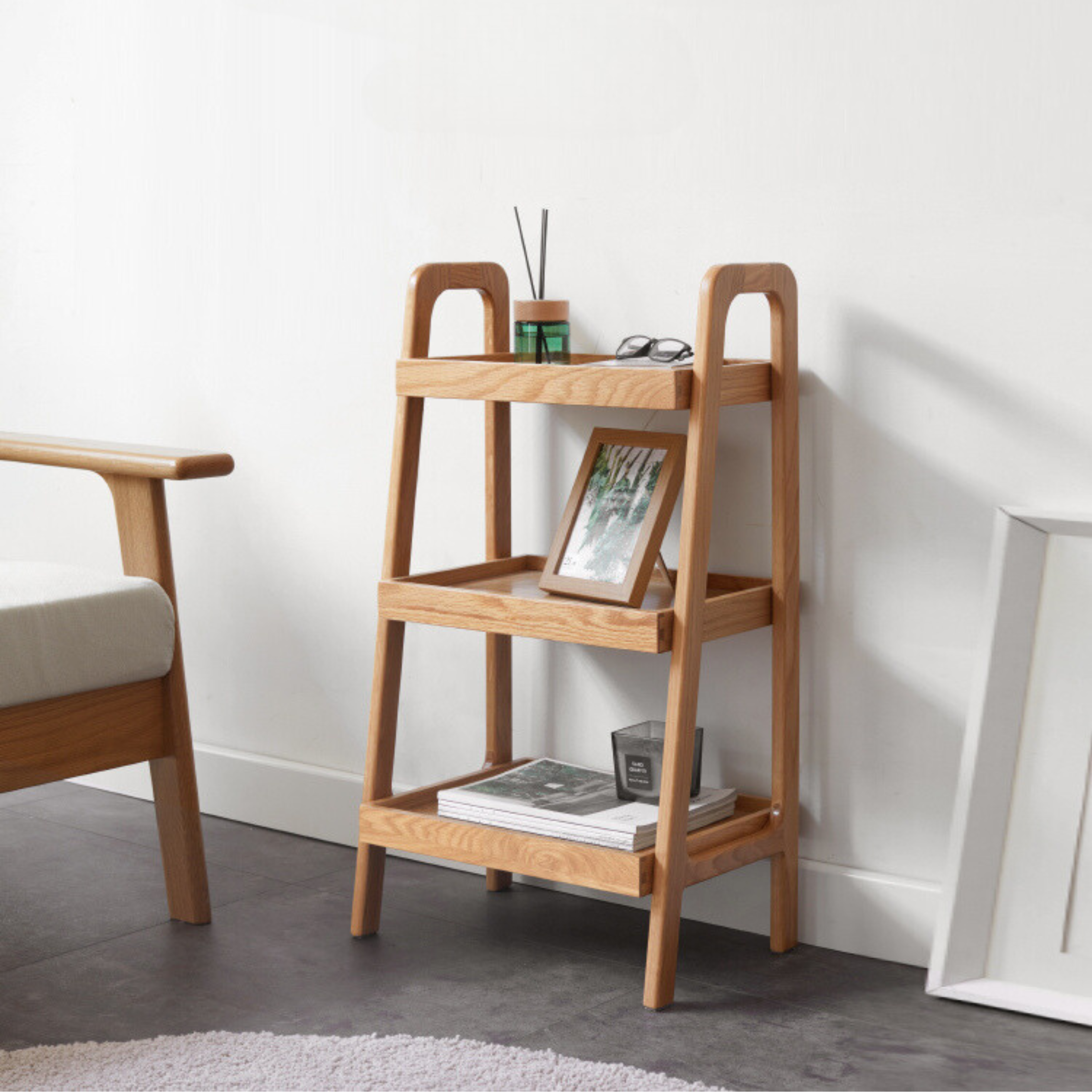 Oak Solid Wood Trapezoidal Three-Tier Bookshelf, Side Table