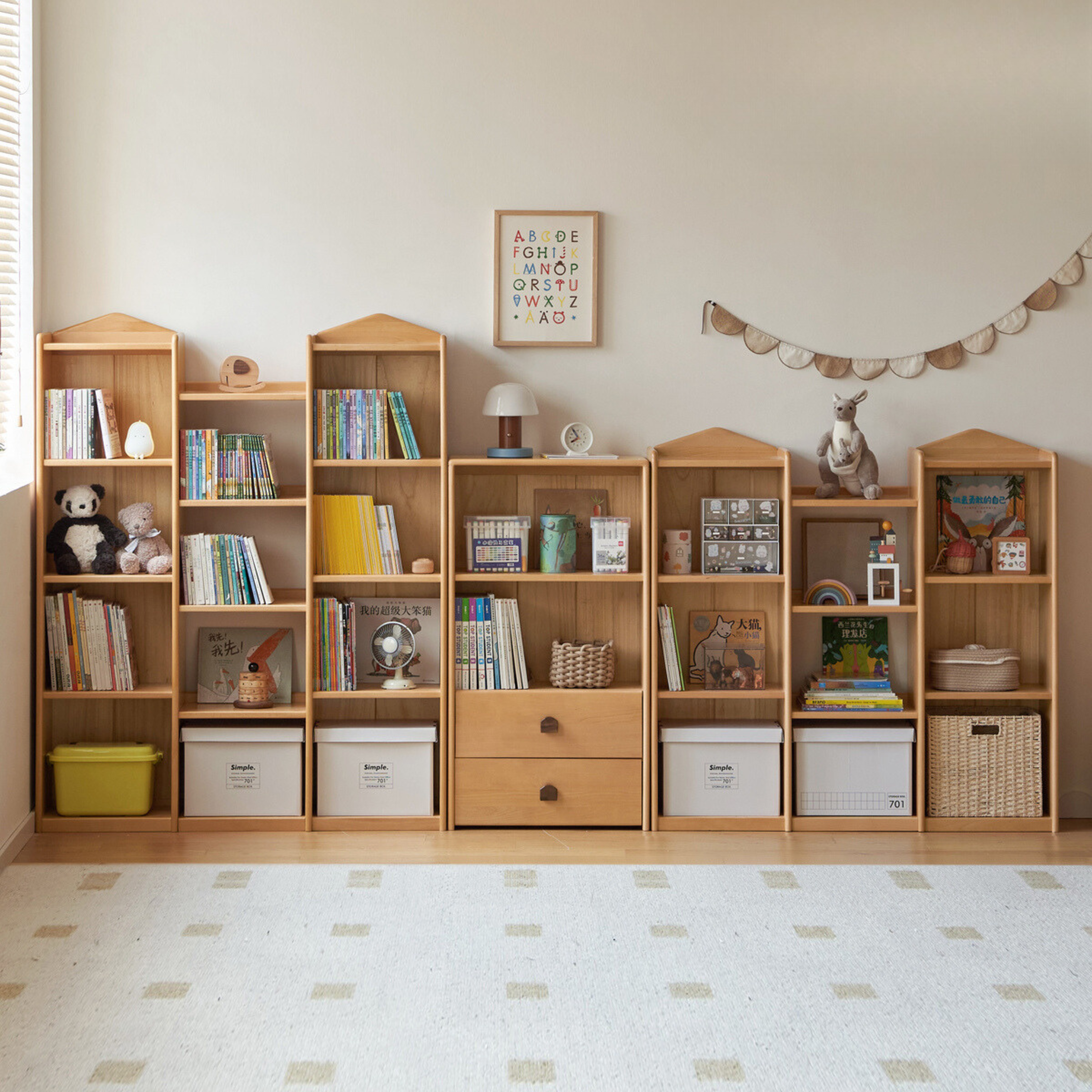 Beech Solid Wood Combination Bookshelf, Cabinet