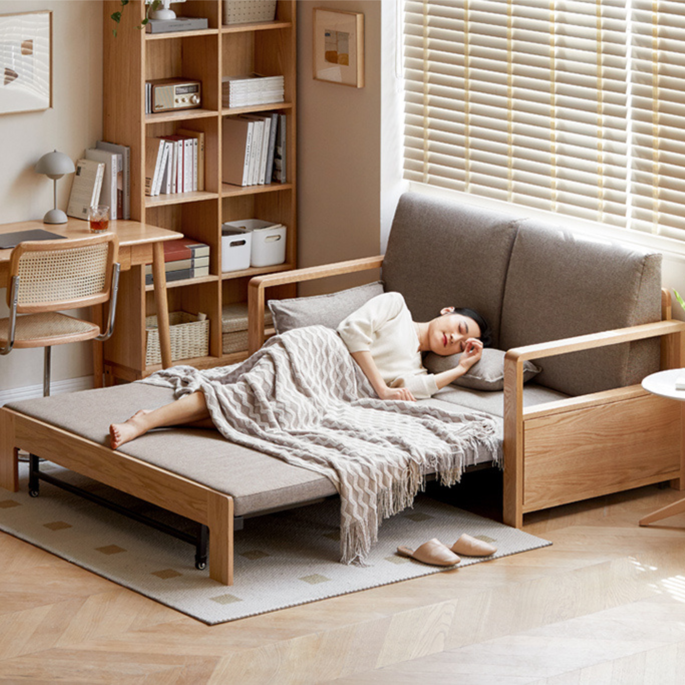 Oak Solid Wood Sofa Bed Modern Multifunctional