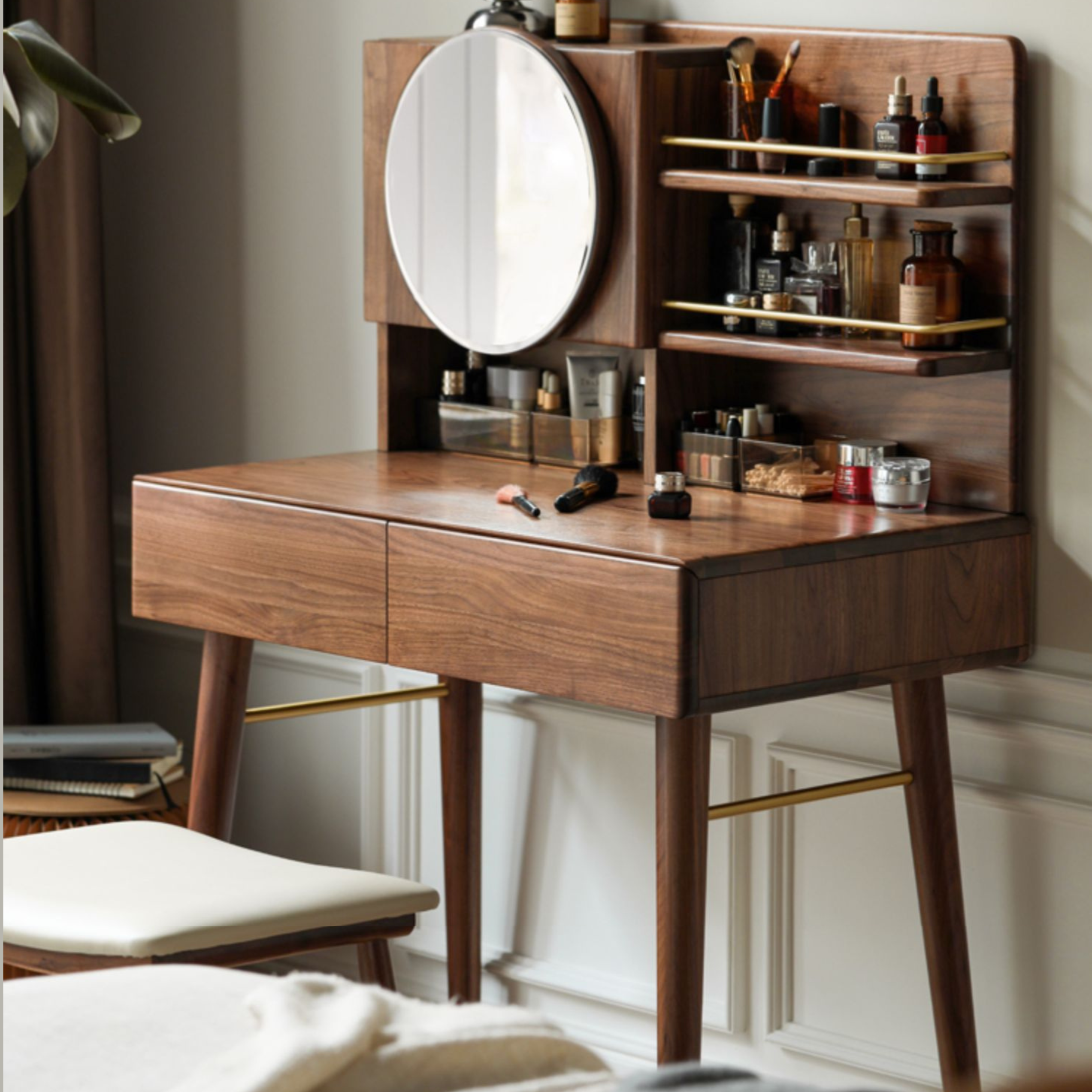 Black Walnut, Sandalwood Solid Wood Moon Makeup Mirror Dressing Table.