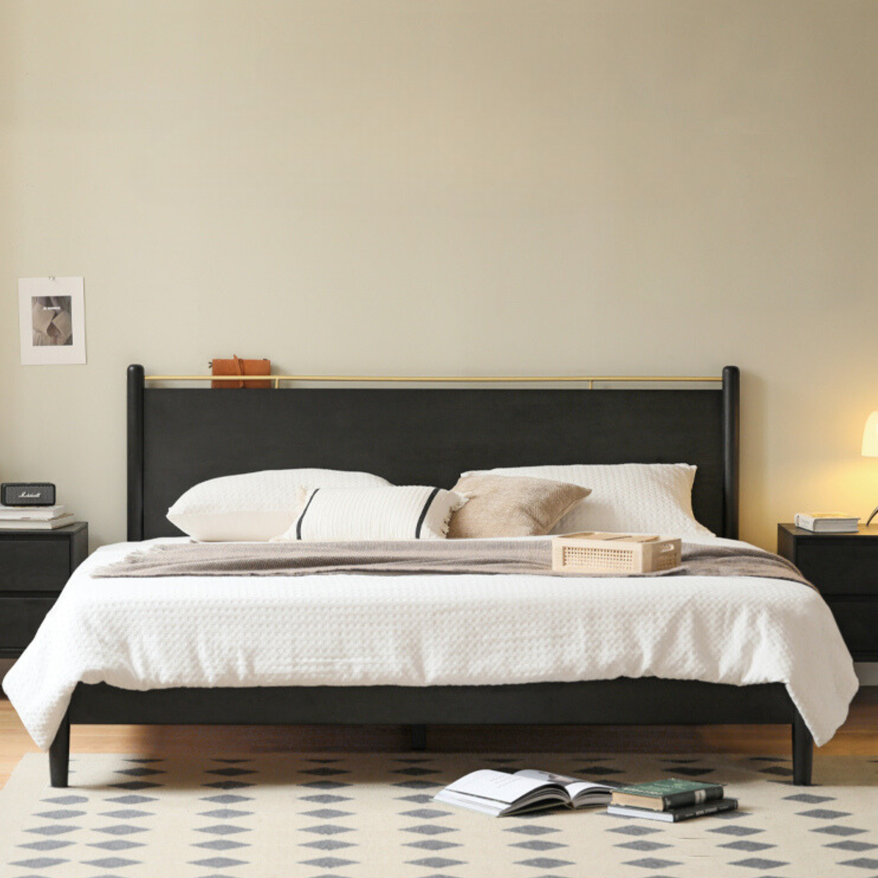 Oak Solid Wood Black Retro American Bed