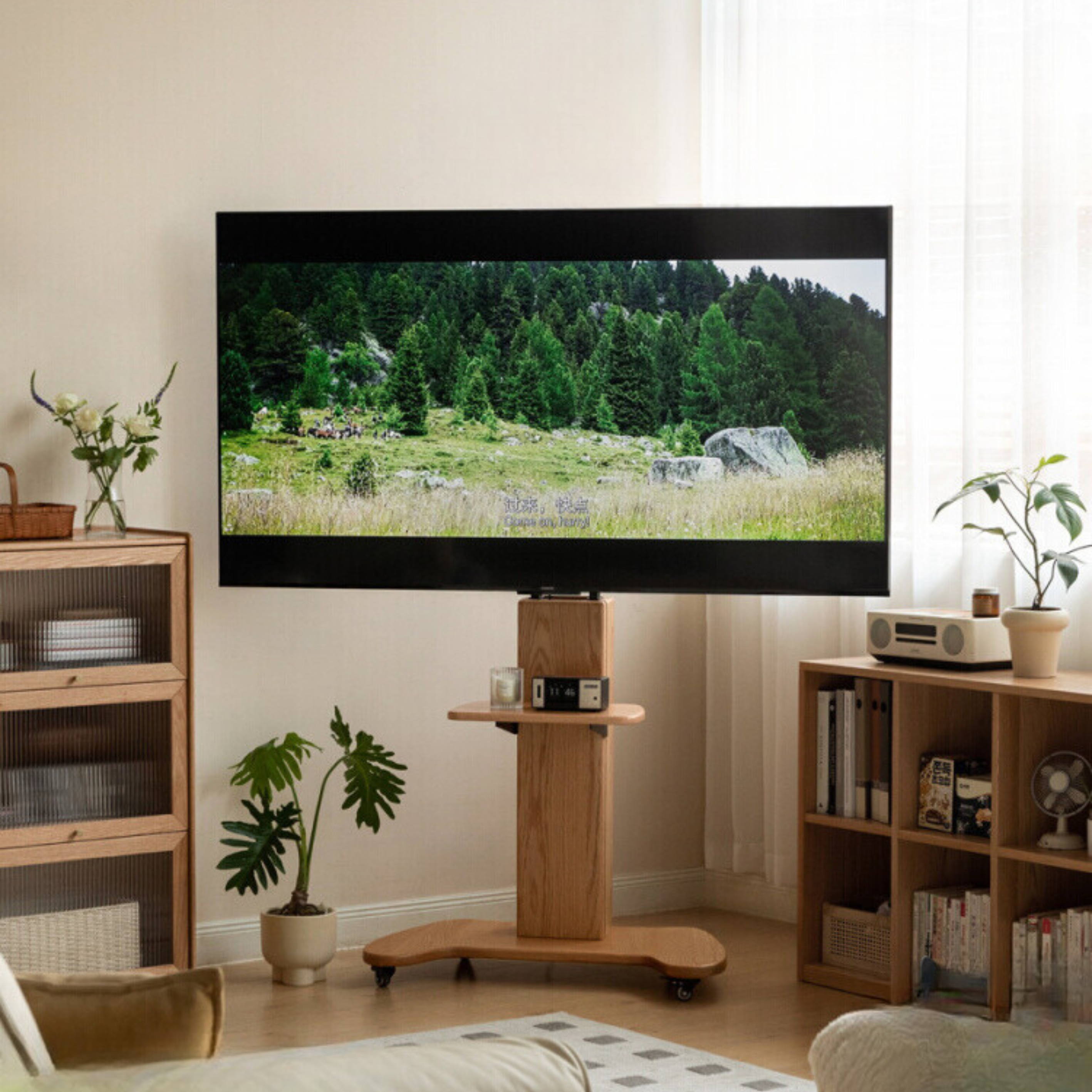 Oak Solid Wood TV Stand, Mobile Floor to Floor TV Cabinet.