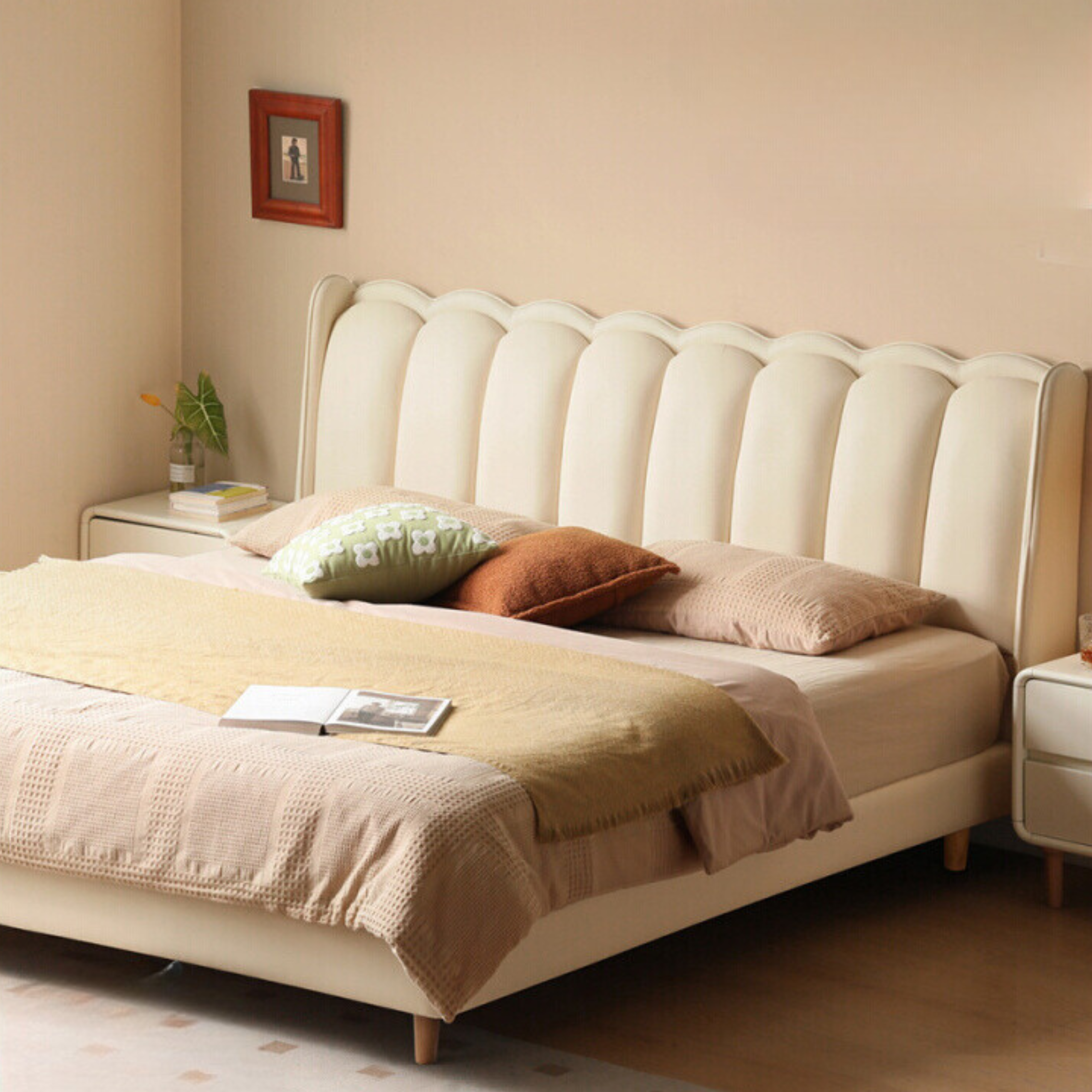 Organic Leather Art Bed Cream Style Modern