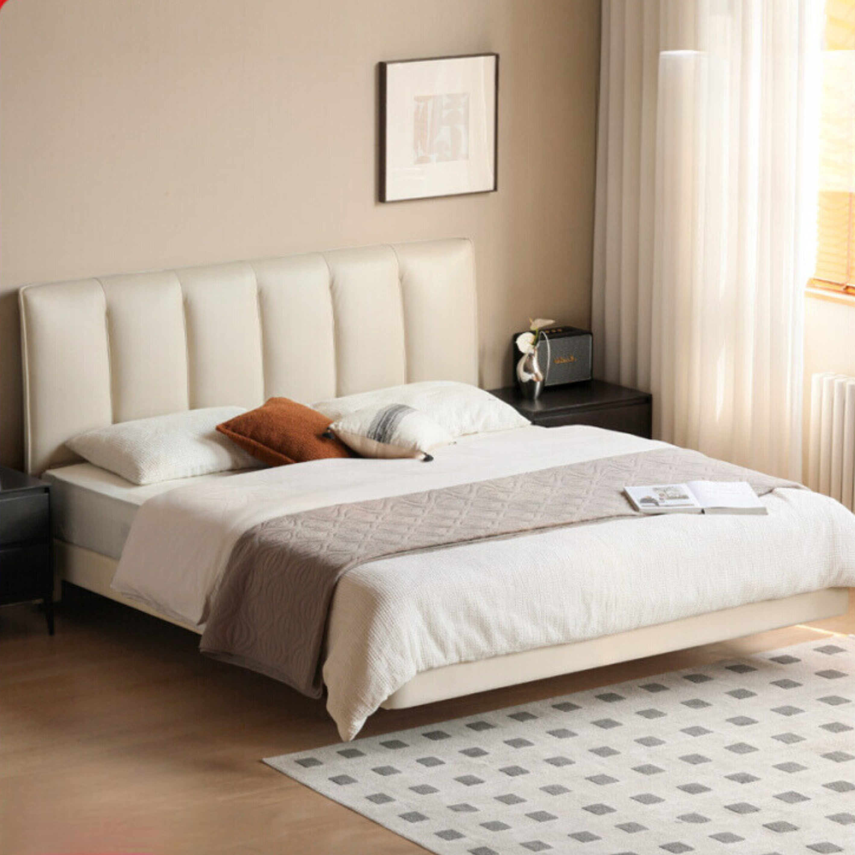 Genuine Leather Suspended Light Luxury Cream Style Bed