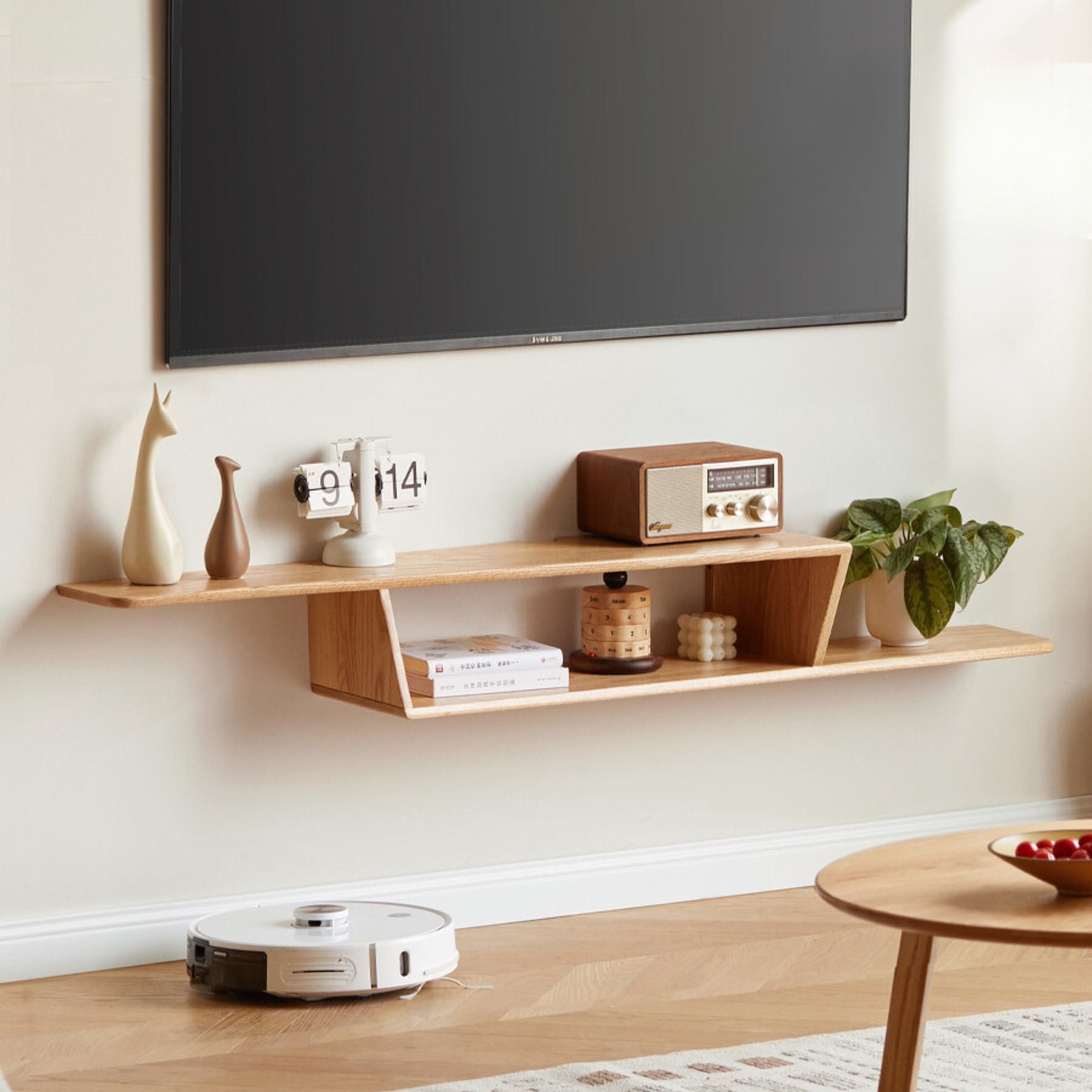 Beech, Rubber Solid Wood Hanging Narrow TV Cabinet, Wall Hanging Shelf.