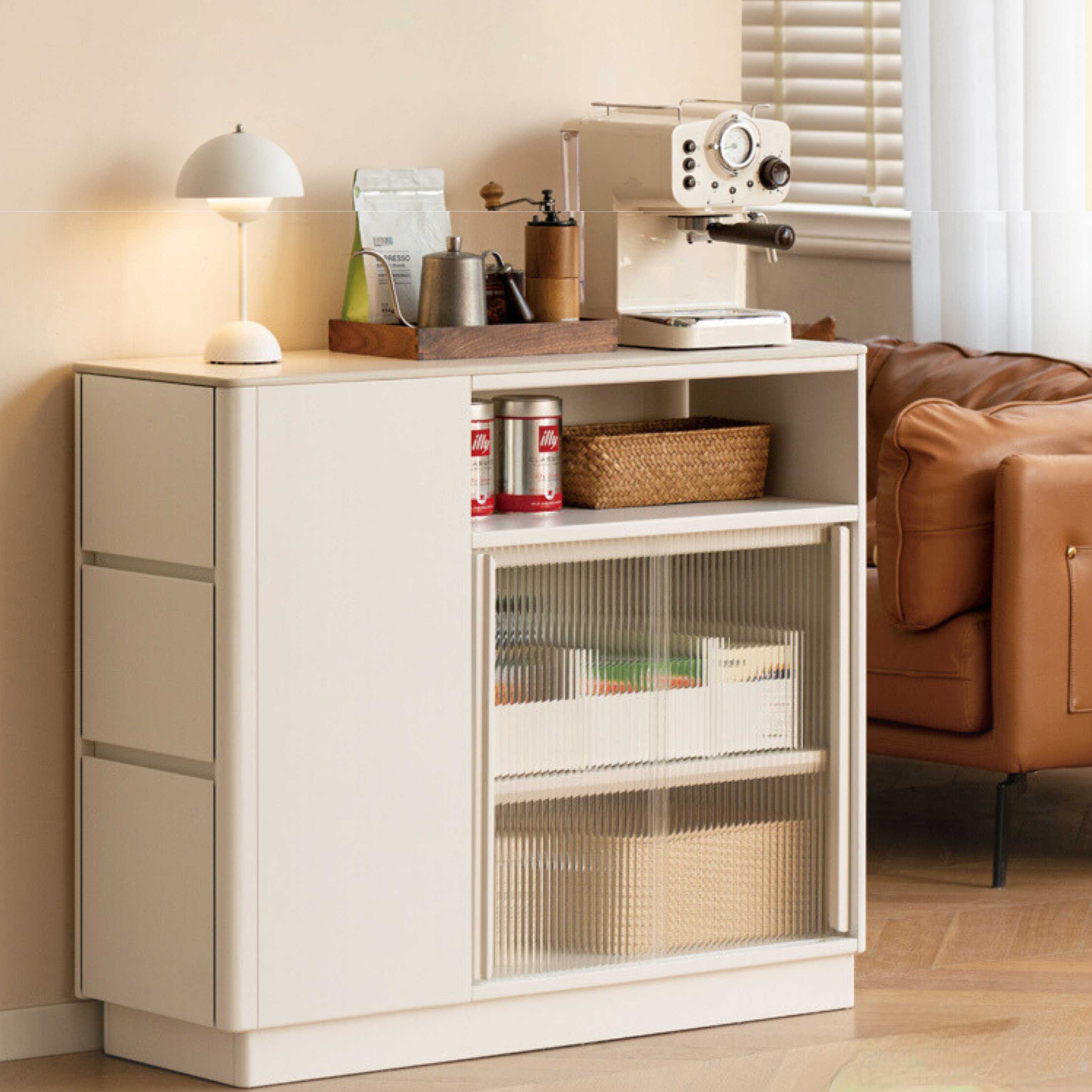 Poplar Solid Wood Partition Dining Cabinet, White Cream Rock Board