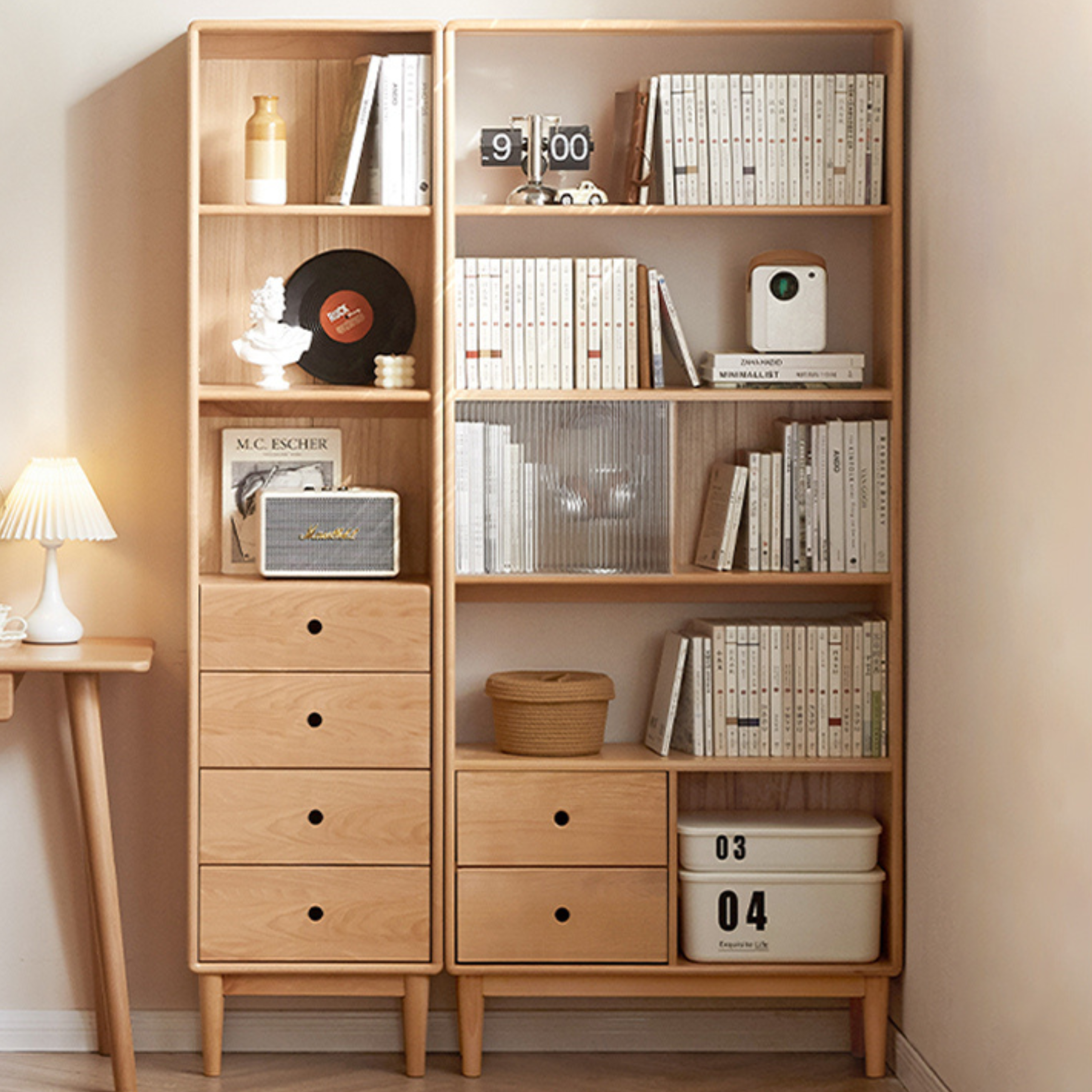 Beech Solid Wood Bookcase with Spacious Cabinet Storage