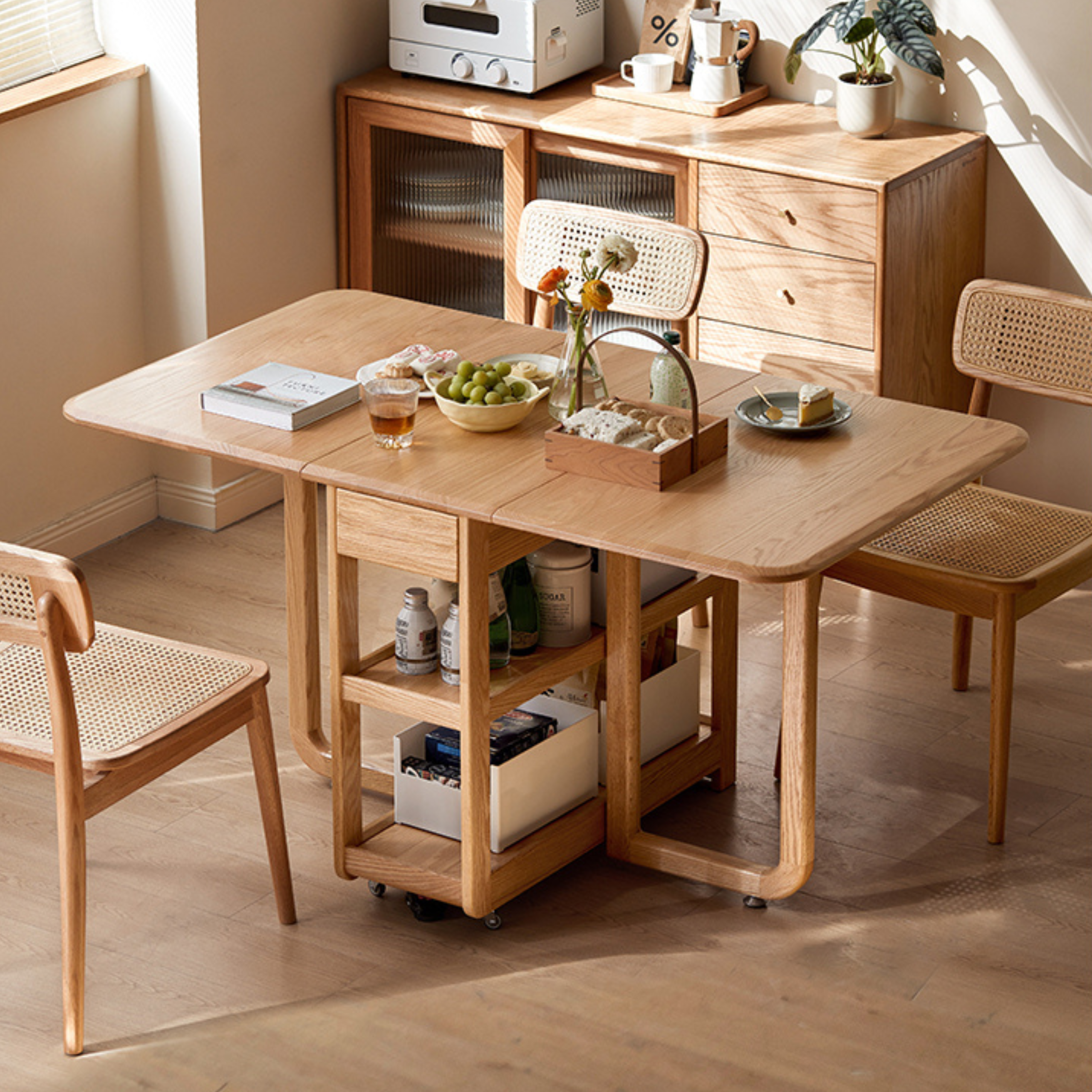 Oak Solid Wood Folding Multi-Functional Storage Telescopic Dining Table