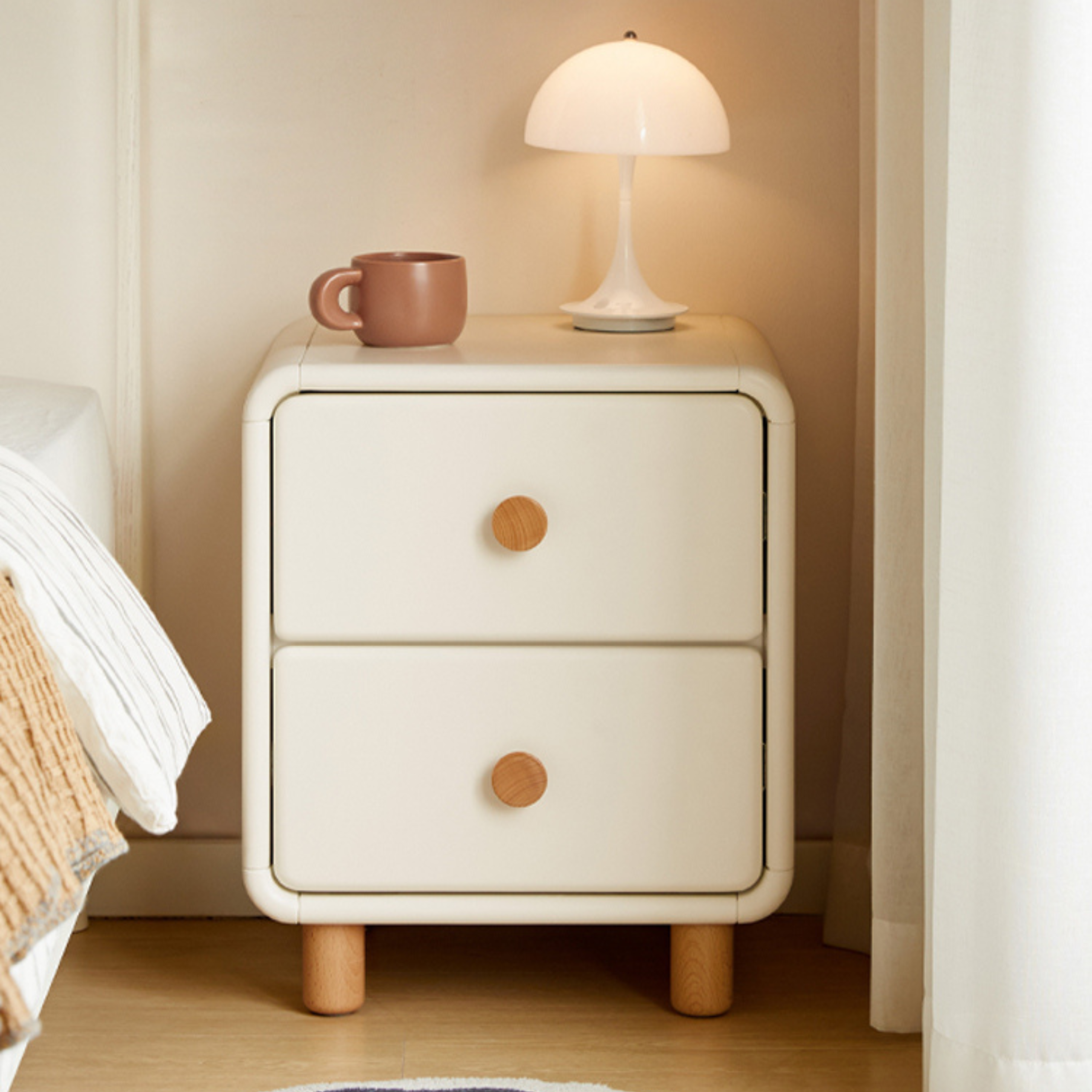 Poplar Solid Wood, Solid Rubberwood Nightstand Cream Style White Cabinet)