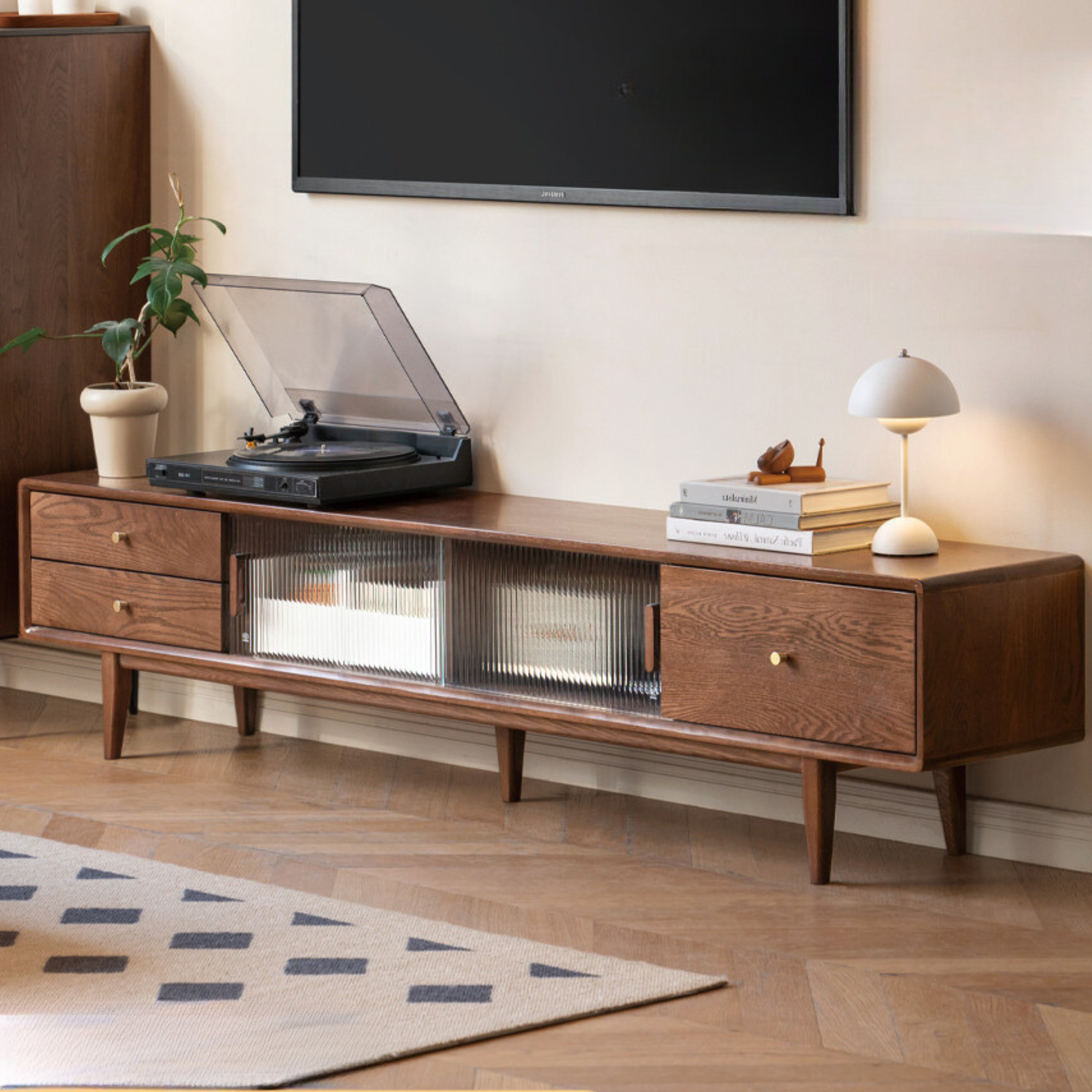Oak, Solid Rubberwood, Beech Solid Wood TV Stand Glass Sliding Door