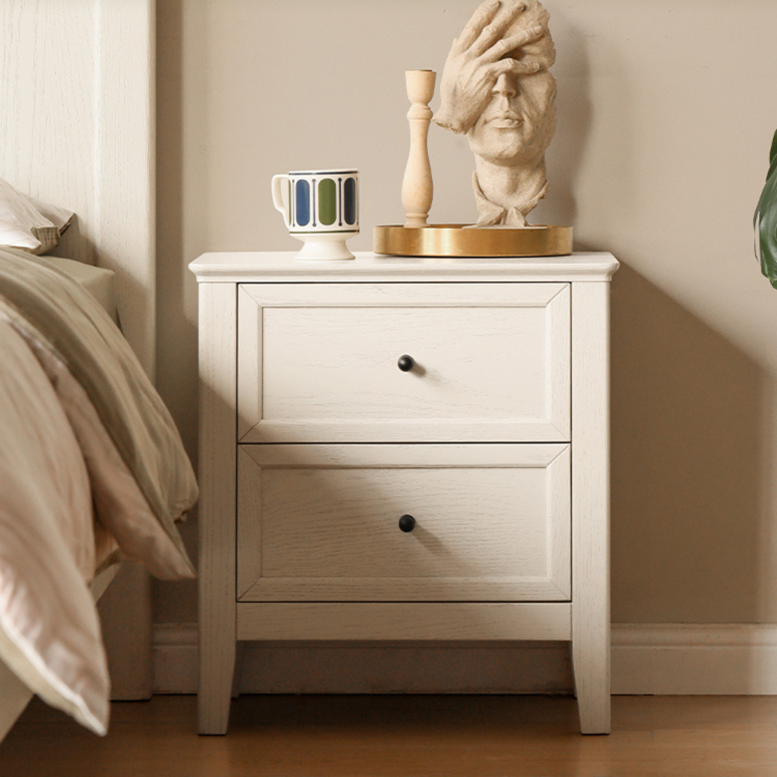 Oak Solid Wood Nightstand Cream American