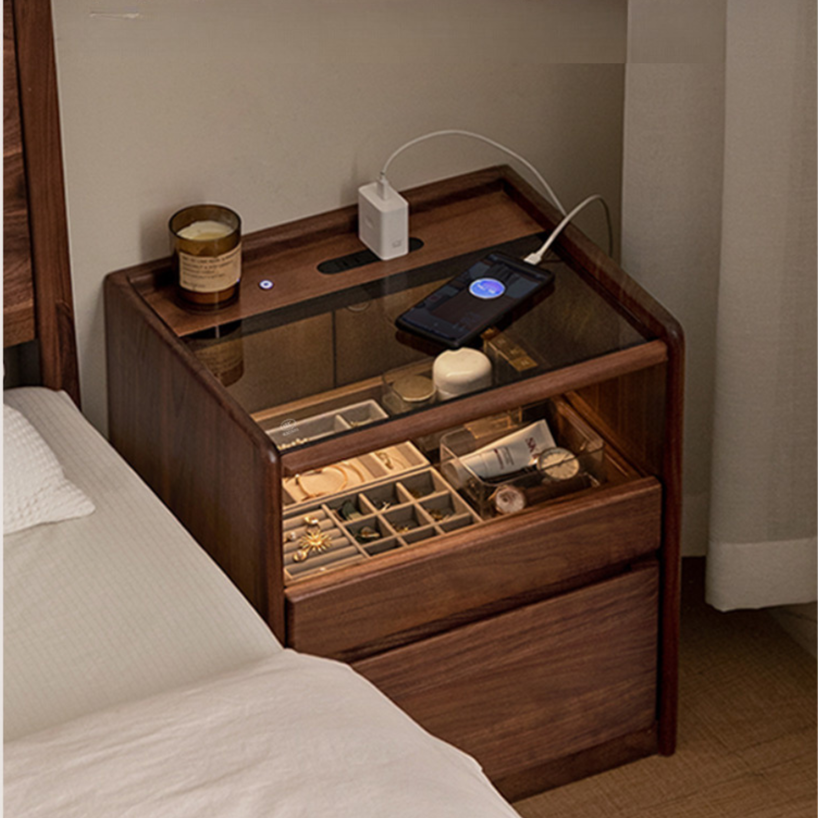 Black Walnut, Oak, Sandalwood Solid Wood Nightstand Socket, Lamp