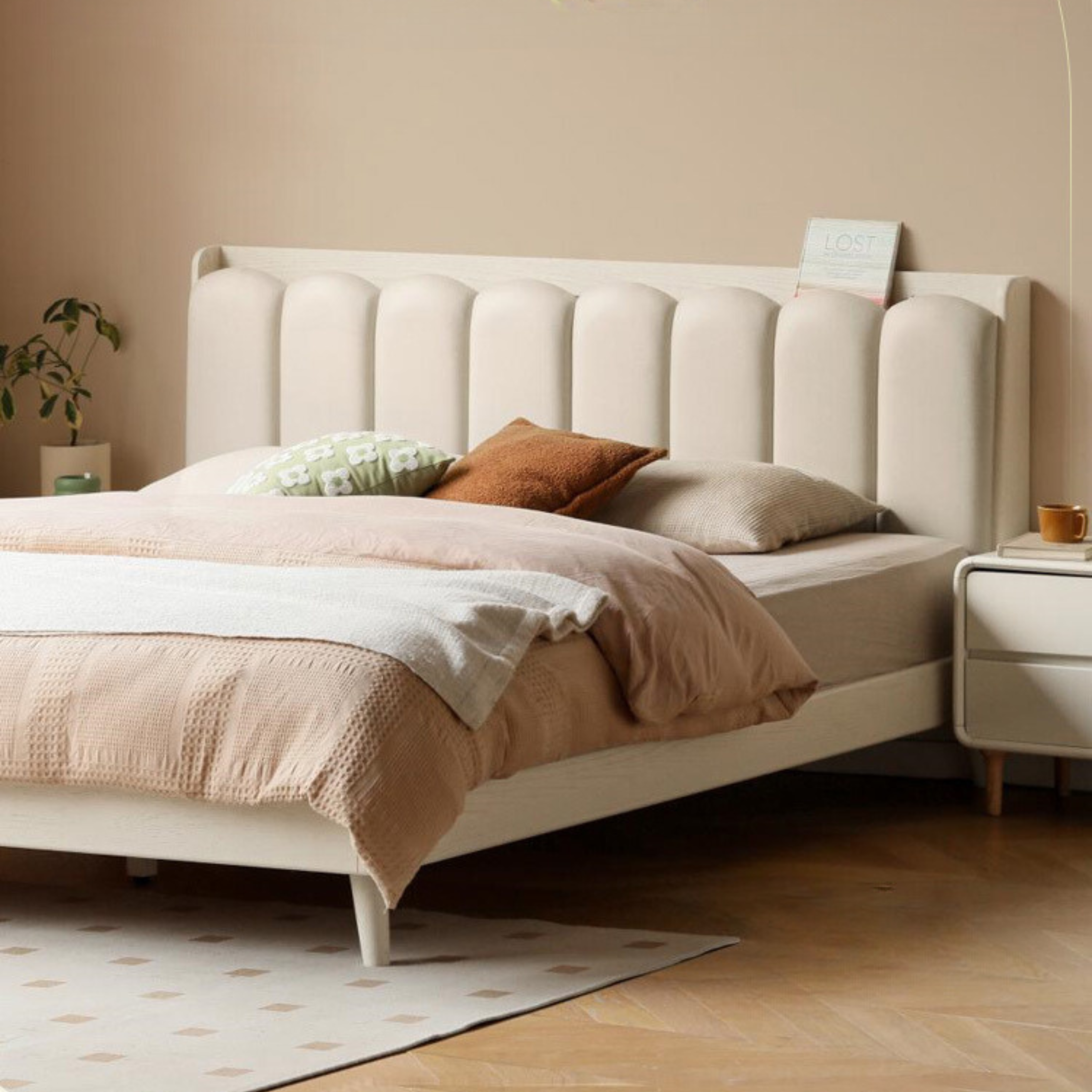 Oak Solid Wood Bed — Cream Style with White Harp Design, Home Charging Soft Backrest