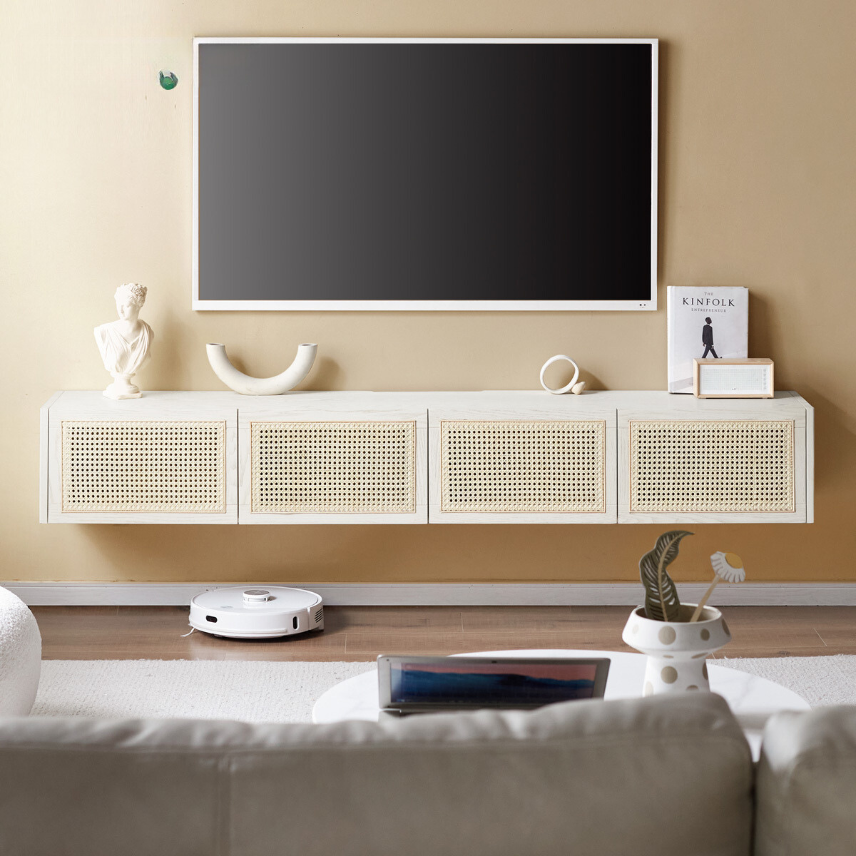 Ash Solid Wood Rattan TV Cabinet Cream Style LED Lights.