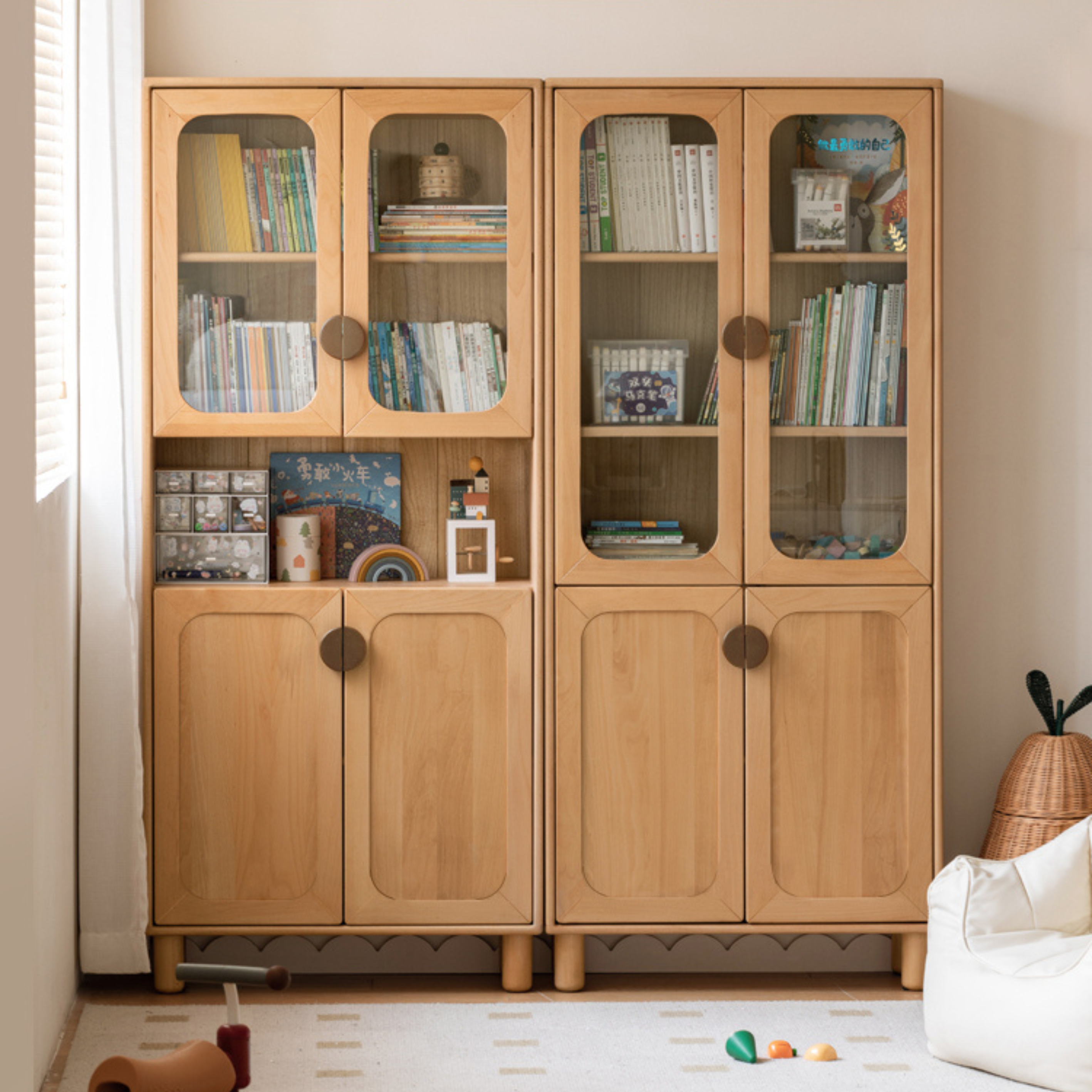 Beech Solid Wood Bookcase Study Bookshelf Cabinet Combination