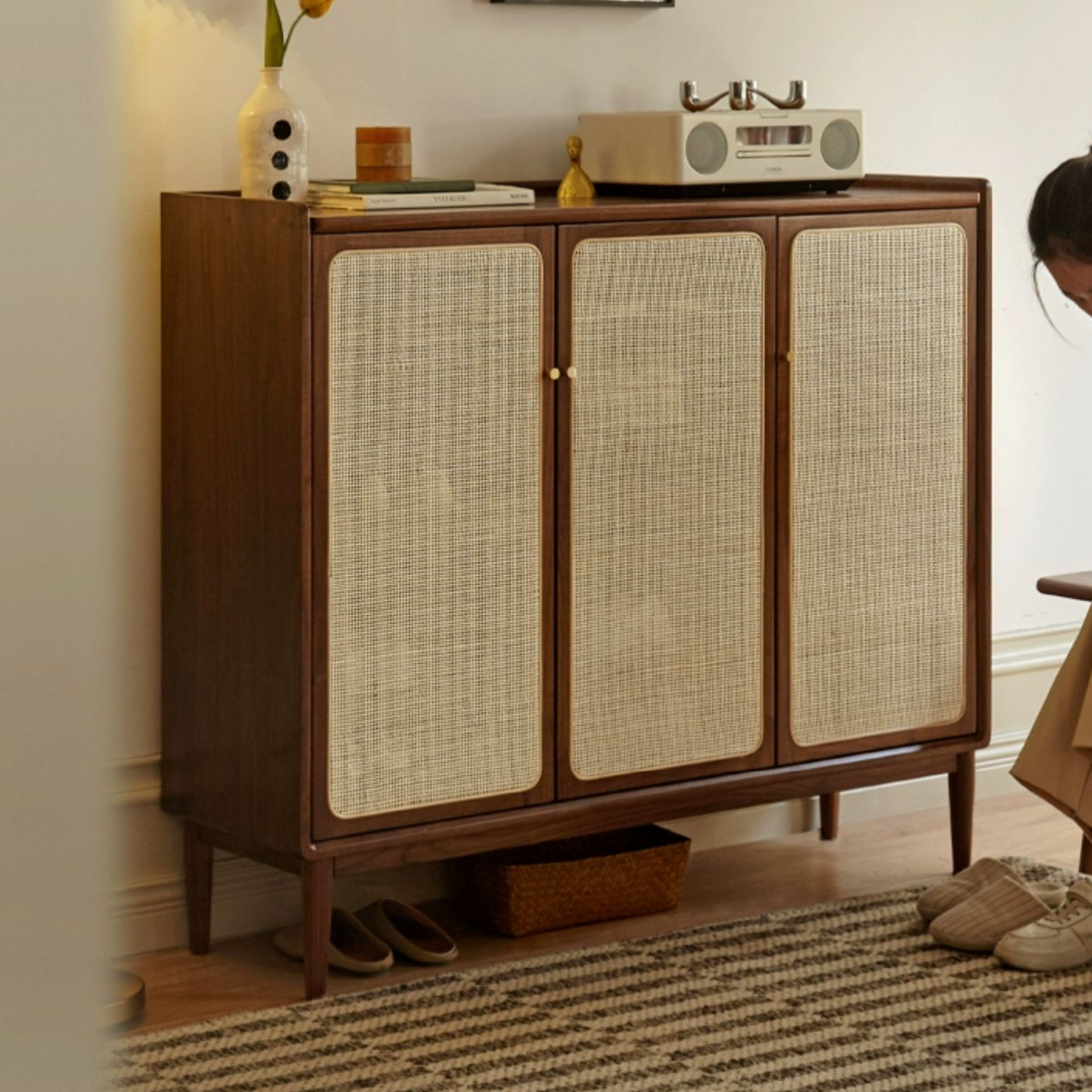 Black Walnut, Oak, South American Walnut Solid Wood Rattan Shoe Cabinet