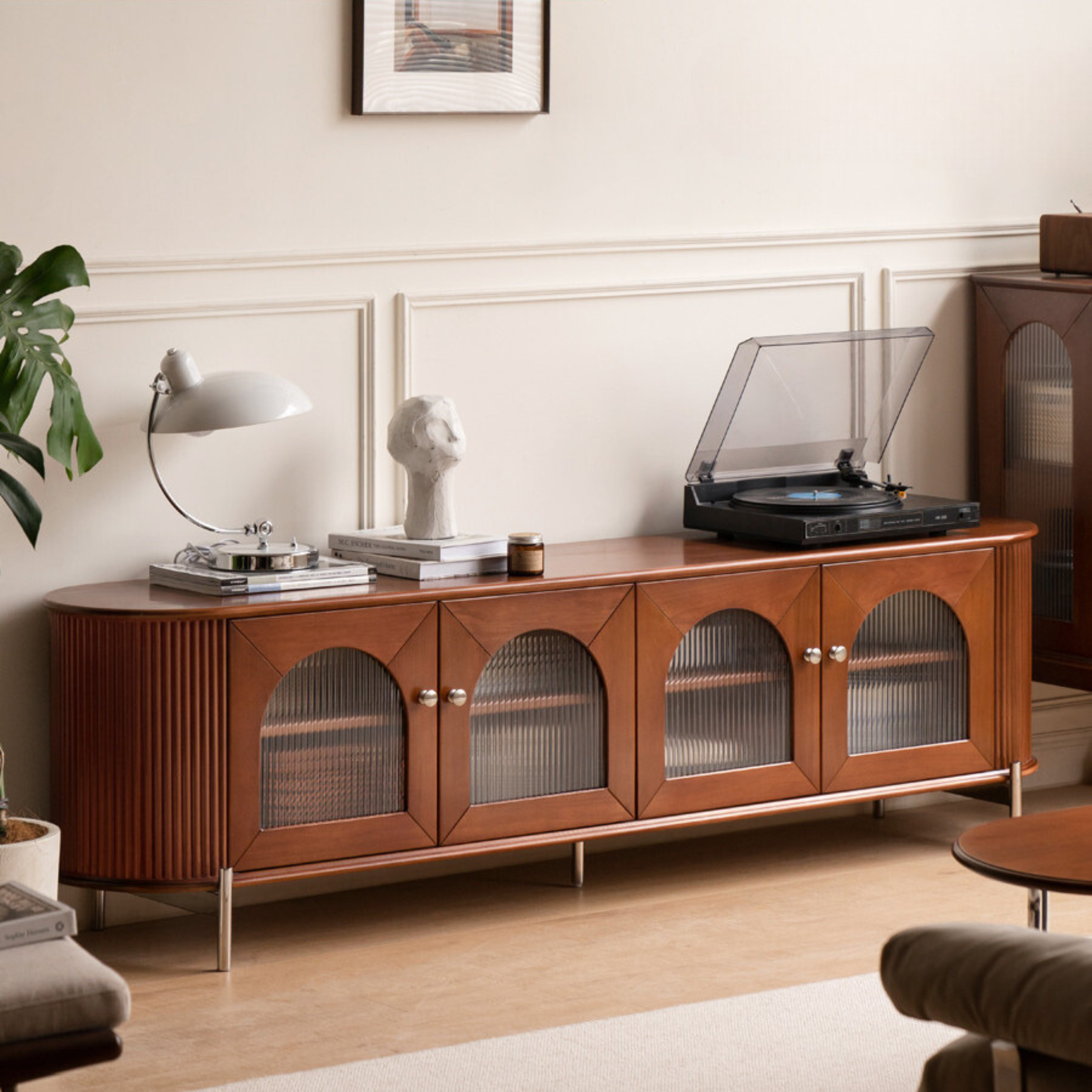 Poplar Solid Wood French Retro Glass TV Cabinet.